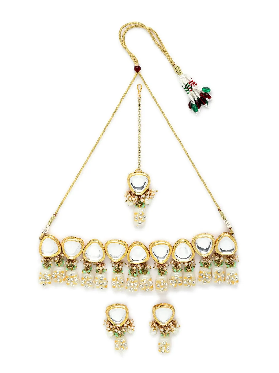 Gold-Plated White Kundan-Studded Beaded Jewellery Set
