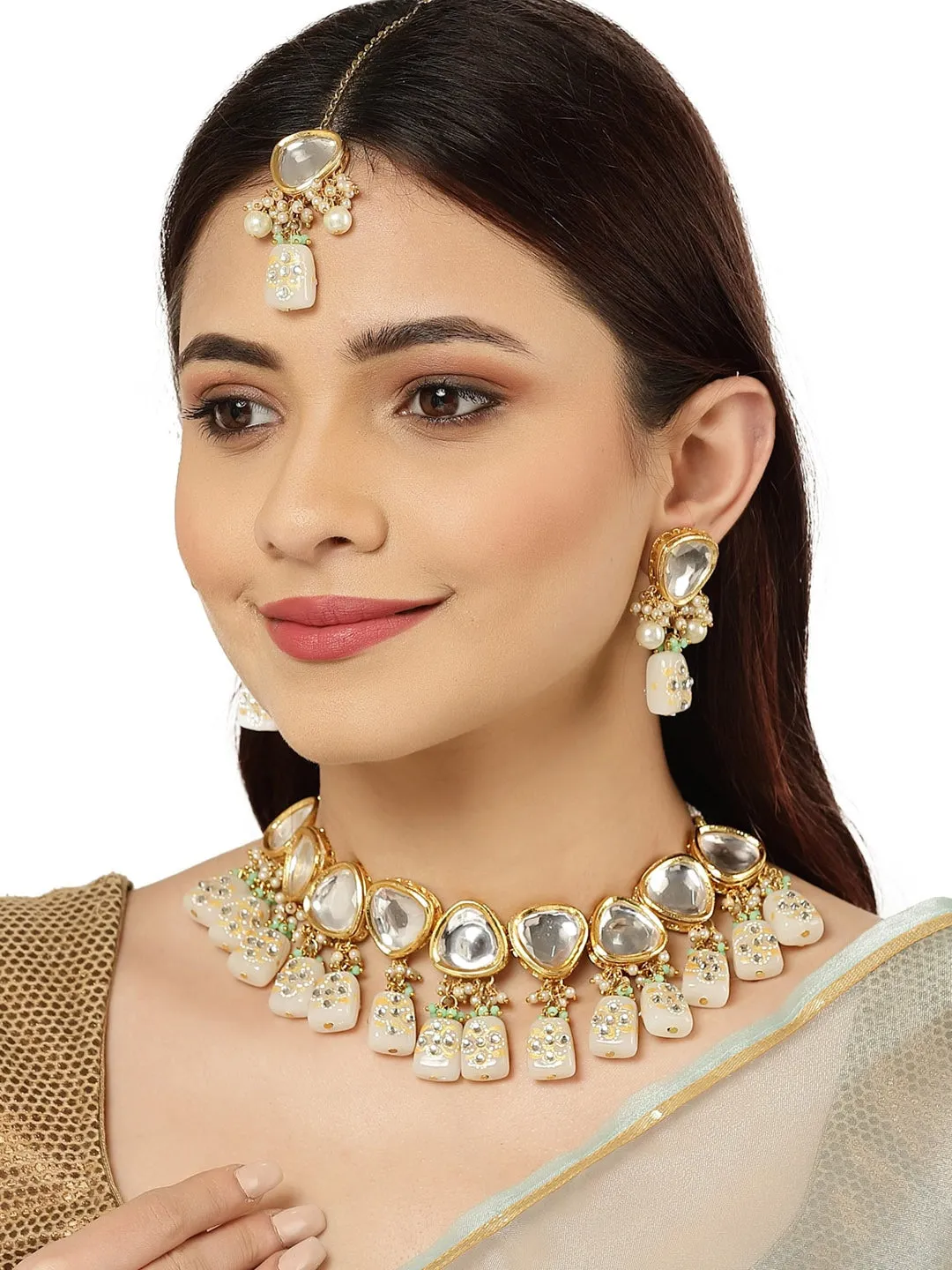 Gold-Plated White Kundan-Studded Beaded Jewellery Set