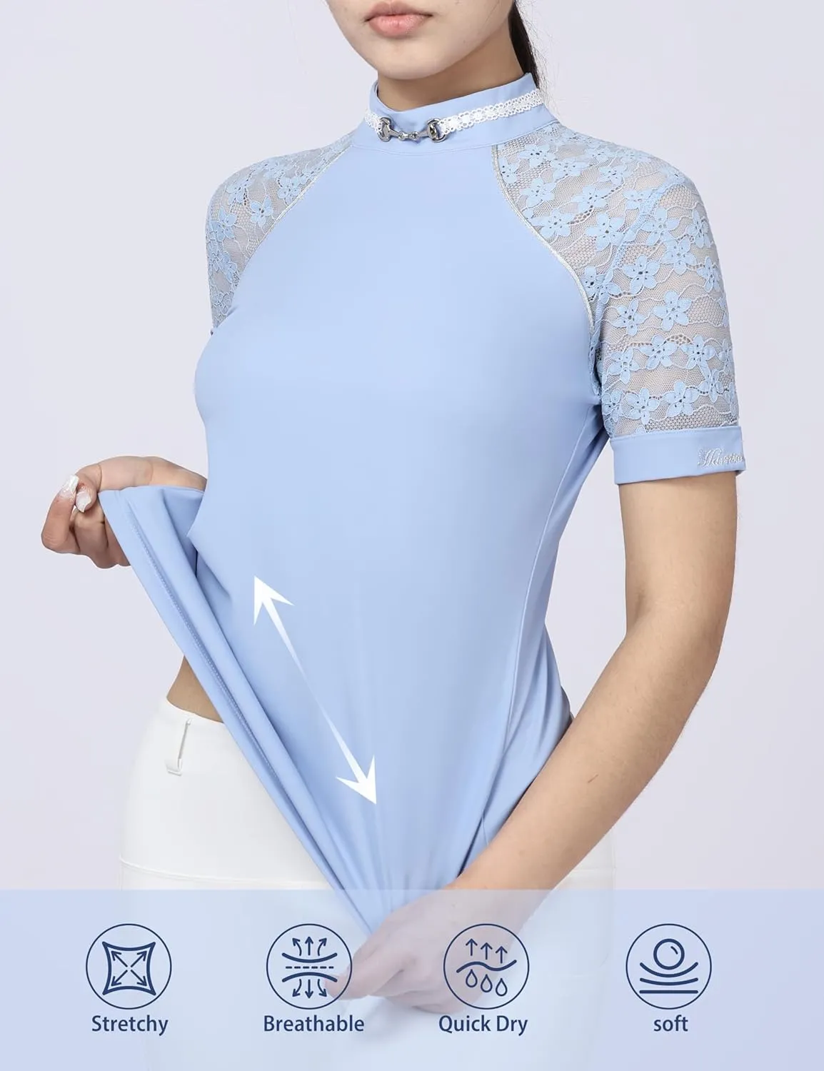 Harrison Howard Women's Slim Fit Show Shirt with Lace Sleeves and Iconic Bit Breathable Comfortable Rider Top