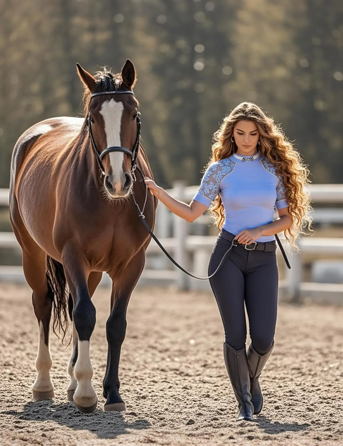 Harrison Howard Women's Slim Fit Show Shirt with Lace Sleeves and Iconic Bit Breathable Comfortable Rider Top