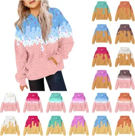 Ice Cream Hoodies for Teen Girls Cute Preppy Ice Cream Drip Sweatshirts Pocket Oversized Long Sleeve Pullover Tops 2-12 Years