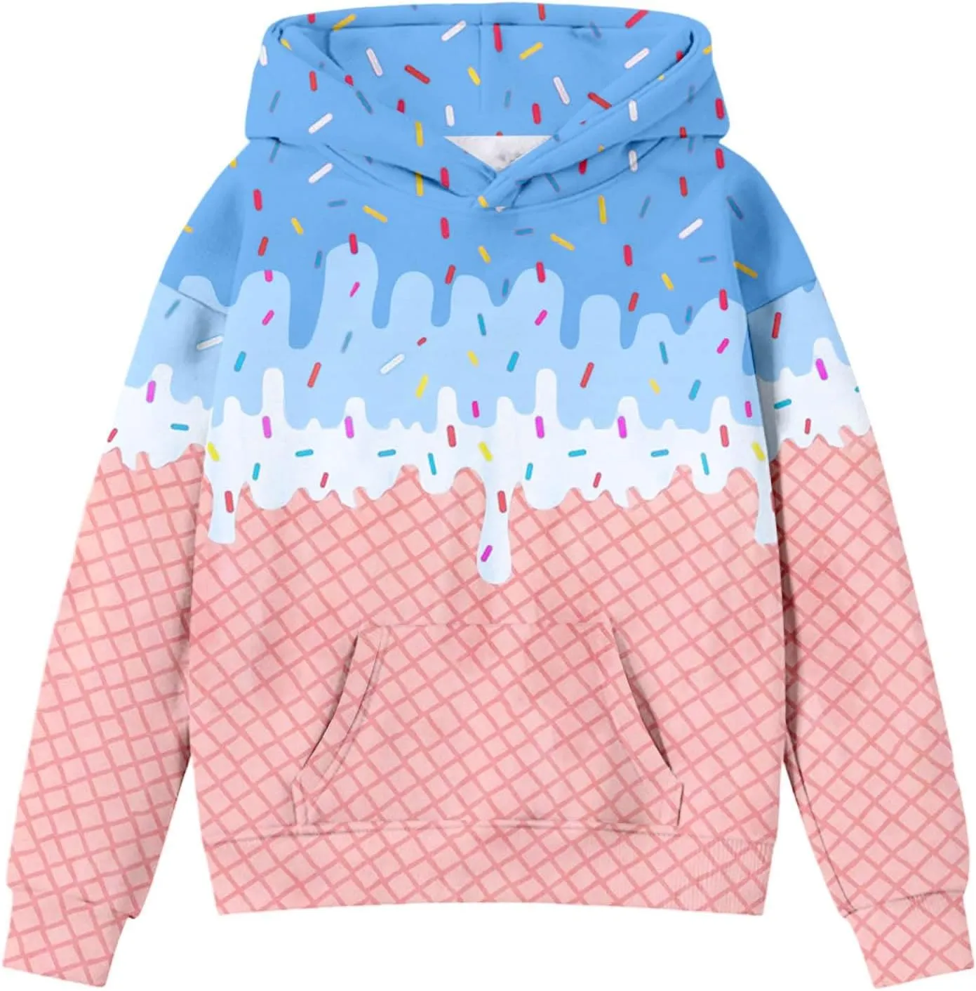 Ice Cream Hoodies for Teen Girls Cute Preppy Ice Cream Drip Sweatshirts Pocket Oversized Long Sleeve Pullover Tops 2-12 Years