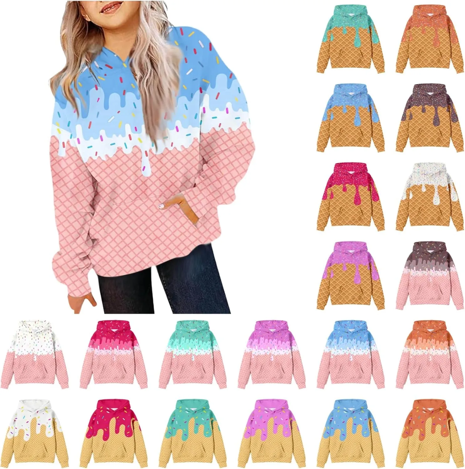 Ice Cream Hoodies for Teen Girls Cute Preppy Ice Cream Drip Sweatshirts Pocket Oversized Long Sleeve Pullover Tops 2-12 Years