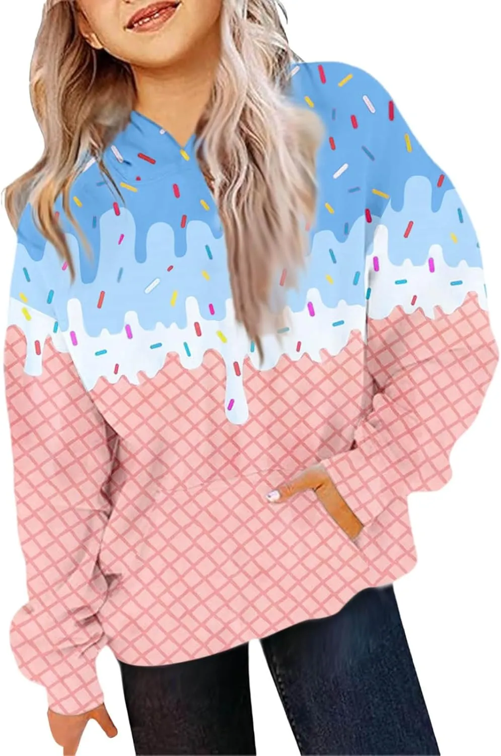 Ice Cream Hoodies for Teen Girls Cute Preppy Ice Cream Drip Sweatshirts Pocket Oversized Long Sleeve Pullover Tops 2-12 Years