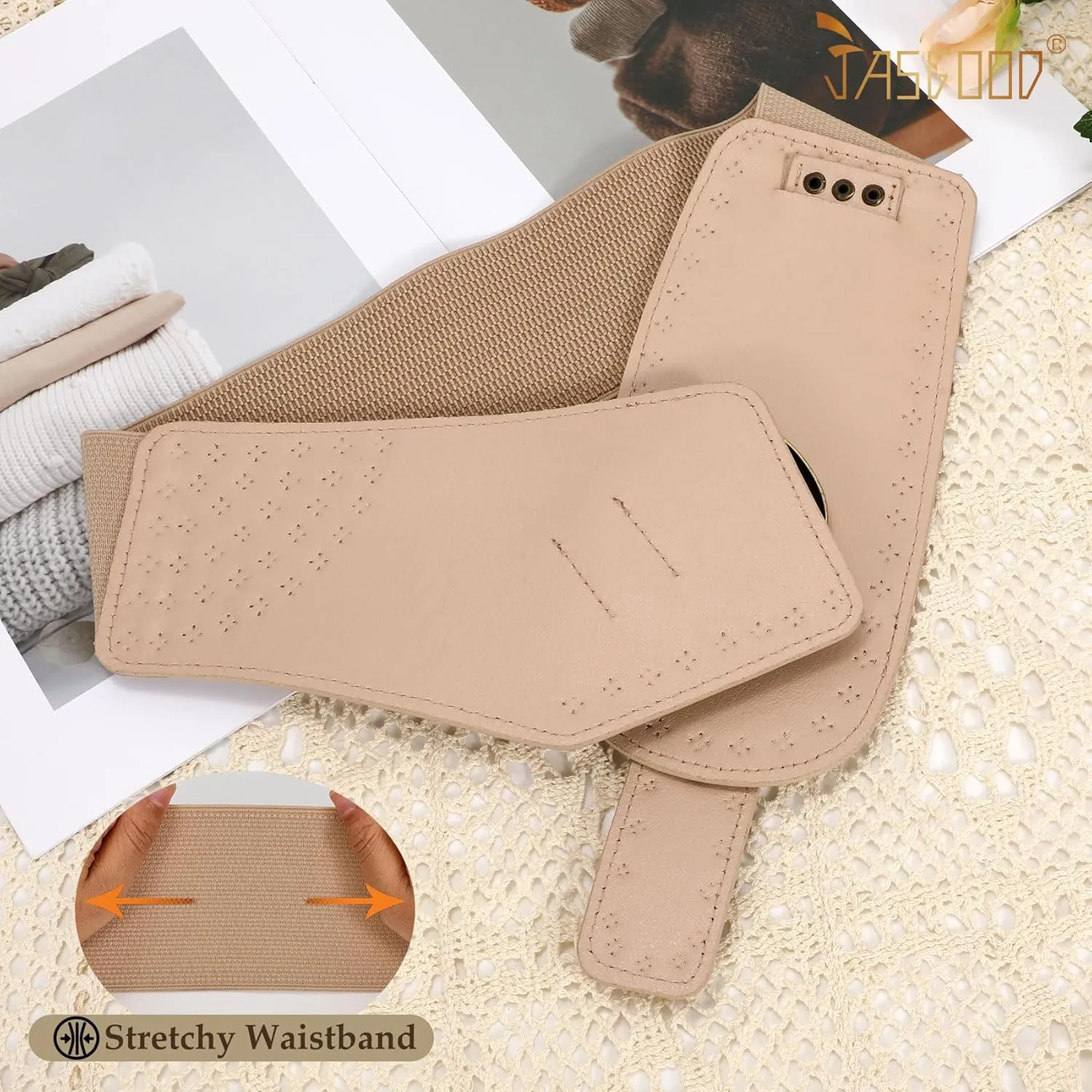 JASGOOD Women Vintage Wide Elastic Belt Studded Stretchy Waist Belt with Rivets Metal Buckle