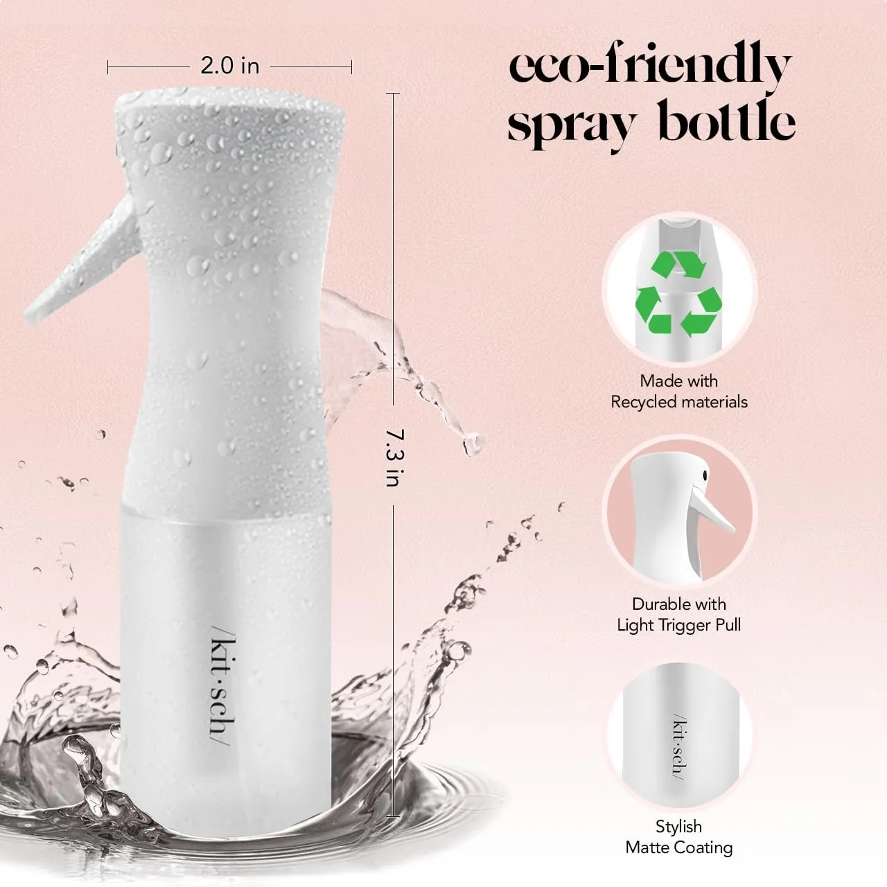 Kitsch Continuous Spray Bottle for Hair | Fine Mist Water Mister for Hair Styling  Spray Bottles for Cleaning, Plants & More  Recycled, White, 5 oz