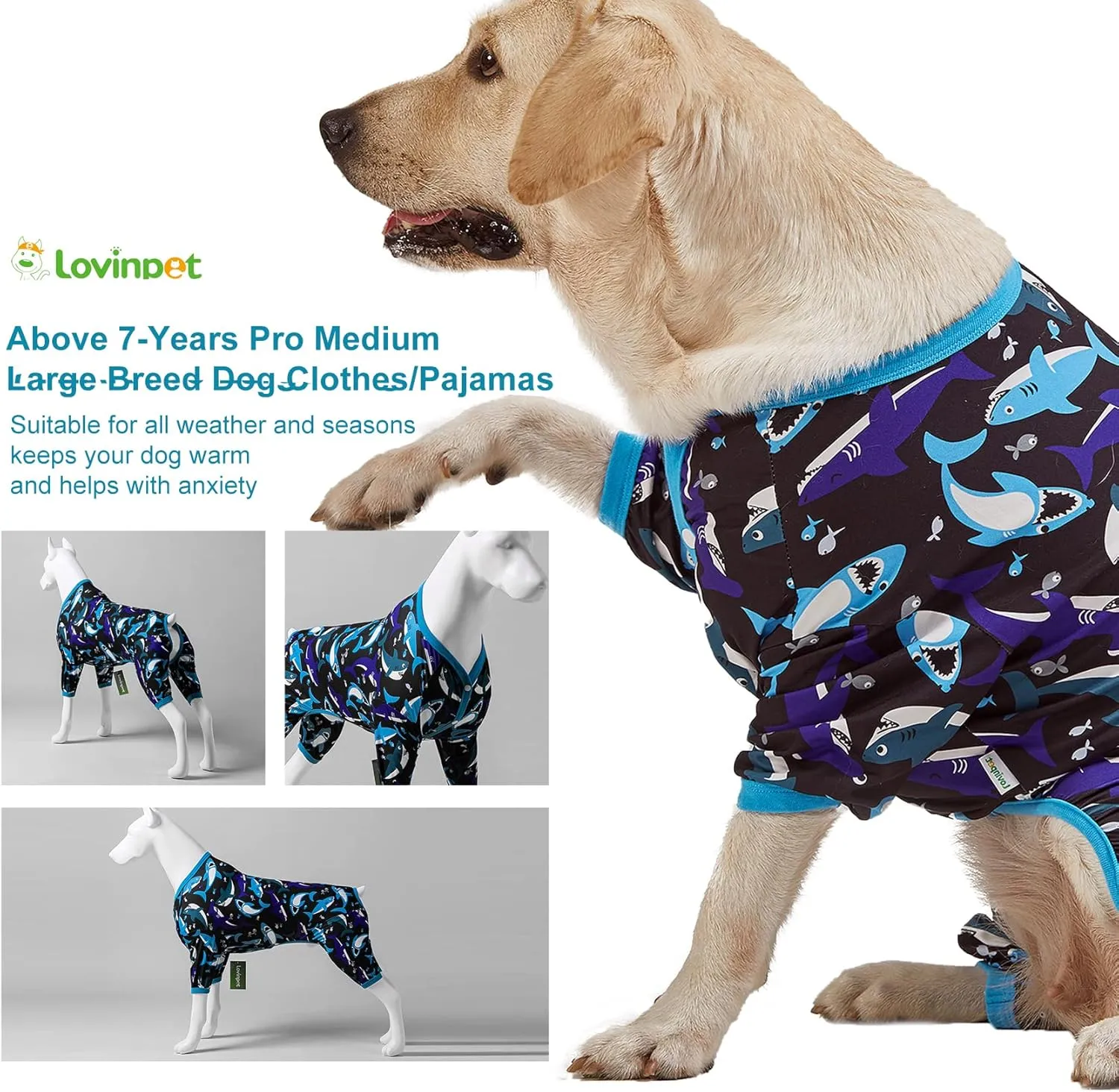 LovinPet Dog Pitbull Clothes for Dogs - Pet Anxiety Relief, Anti-Shedding Dog Pajamas, Lightweight Stretchy Fabric, Whale Hello There White Print, Pitbull Pajamas, Pitbull Clothes All Season /3XL