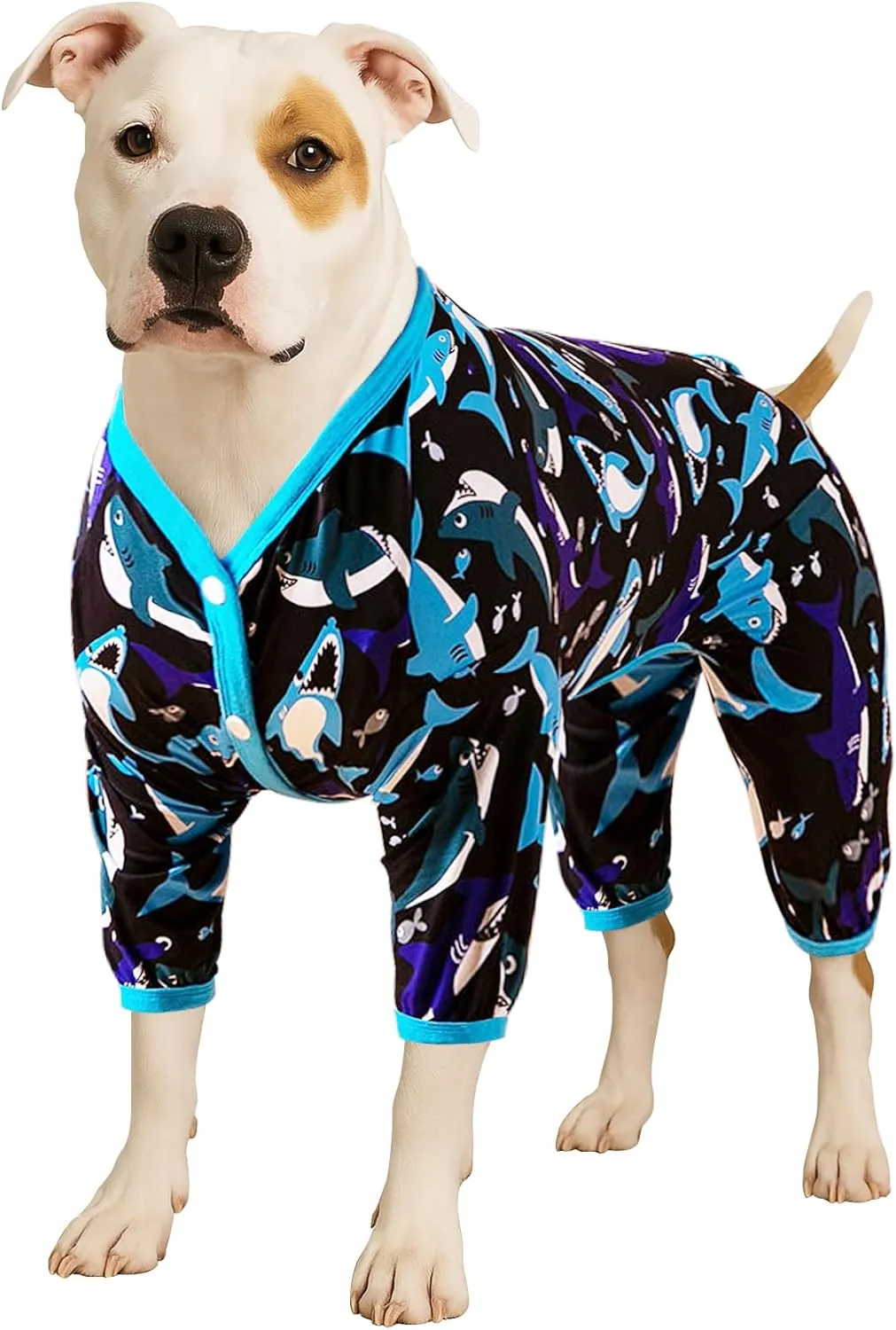 LovinPet Dog Pitbull Clothes for Dogs - Pet Anxiety Relief, Anti-Shedding Dog Pajamas, Lightweight Stretchy Fabric, Whale Hello There White Print, Pitbull Pajamas, Pitbull Clothes All Season /3XL