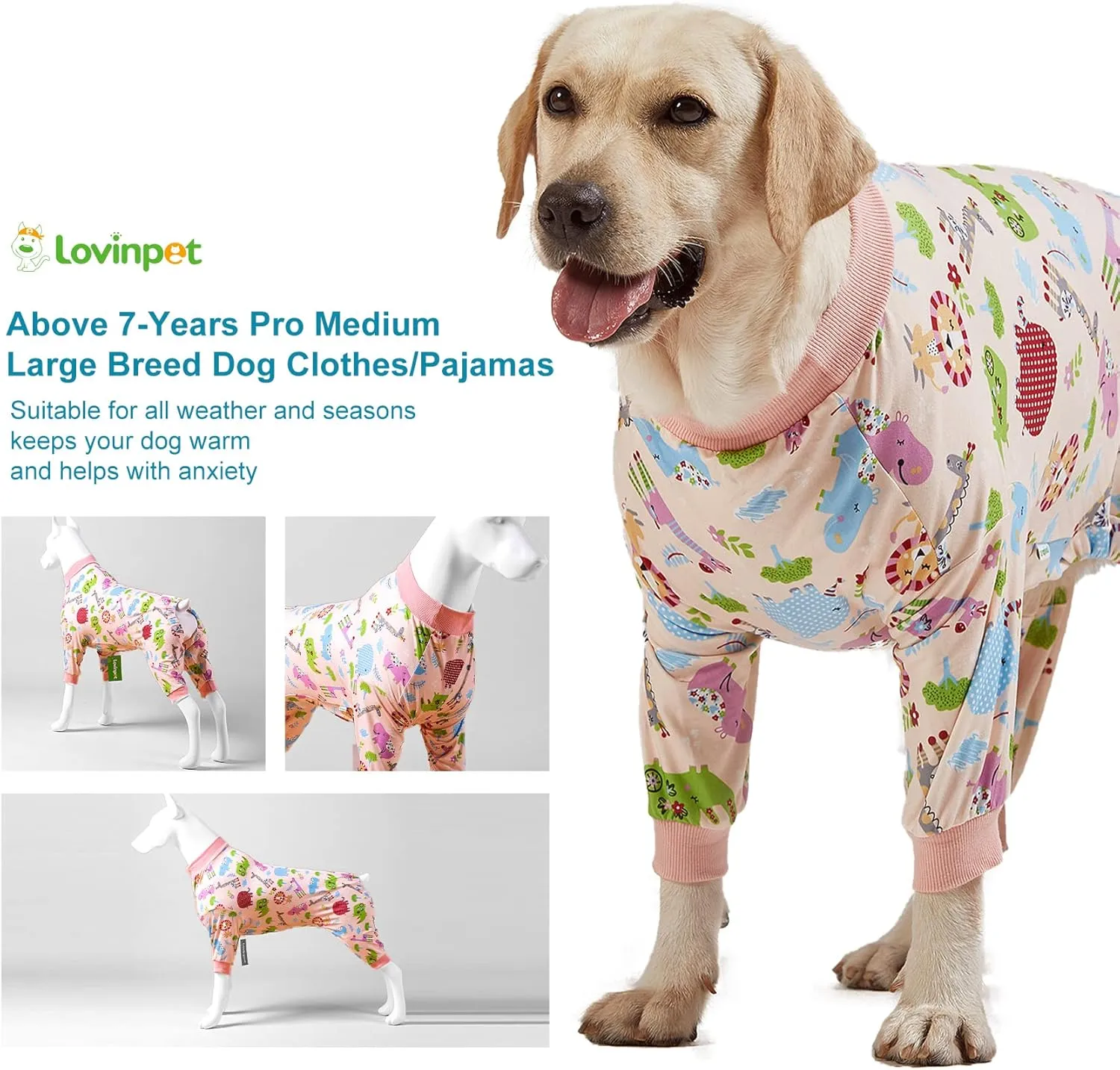 LovinPet Large Dog Clothes: Pajamas for Large Dogs, Slim Fit/Lightweight Pullover Dog PJ's, Full Coverage/Animals Allover Pink Print/Pet Pajamas /3XL