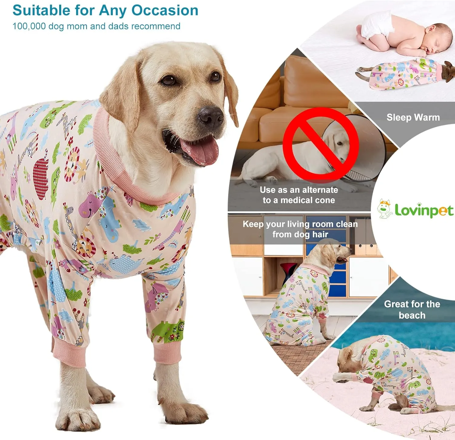 LovinPet Large Dog Clothes: Pajamas for Large Dogs, Slim Fit/Lightweight Pullover Dog PJ's, Full Coverage/Animals Allover Pink Print/Pet Pajamas /3XL