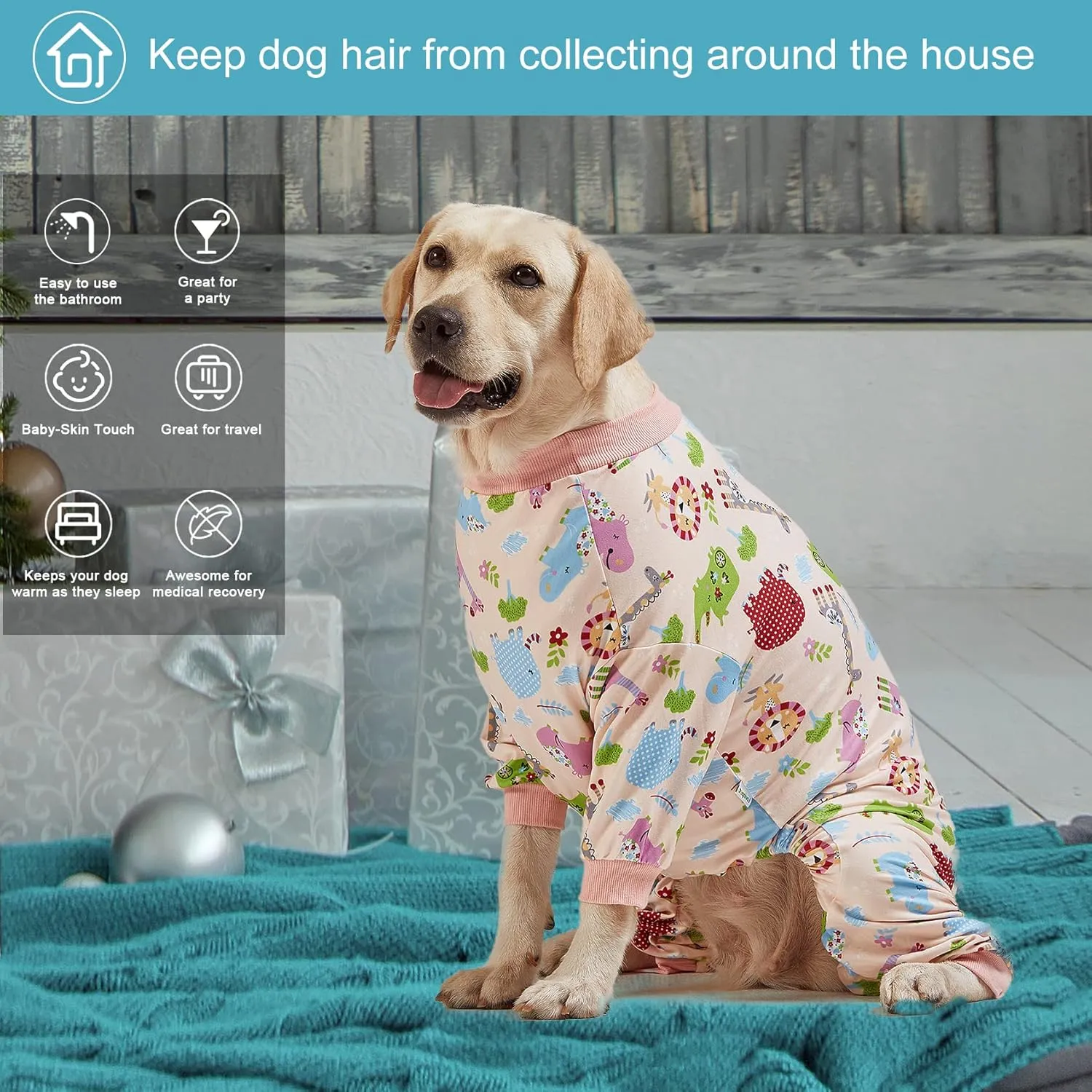 LovinPet Large Dog Clothes: Pajamas for Large Dogs, Slim Fit/Lightweight Pullover Dog PJ's, Full Coverage/Animals Allover Pink Print/Pet Pajamas /3XL