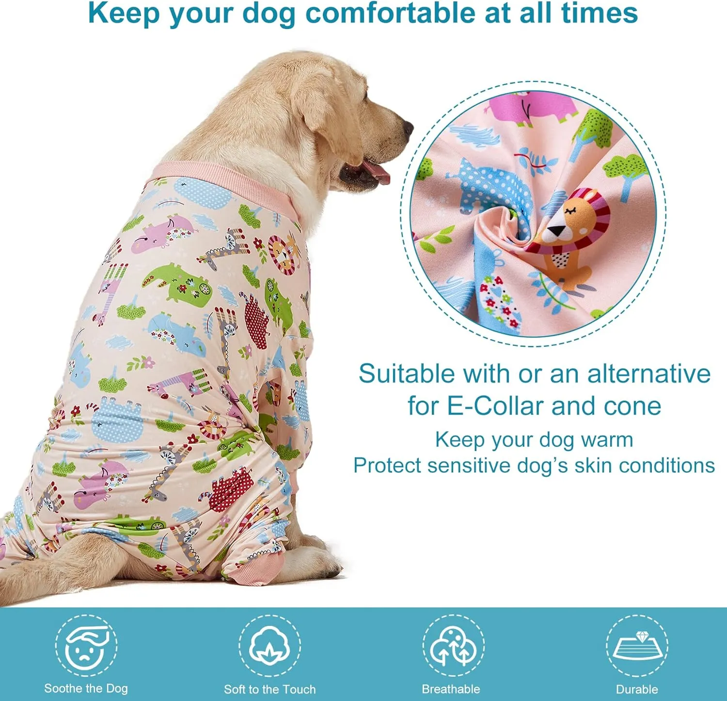 LovinPet Large Dog Clothes: Pajamas for Large Dogs, Slim Fit/Lightweight Pullover Dog PJ's, Full Coverage/Animals Allover Pink Print/Pet Pajamas /3XL