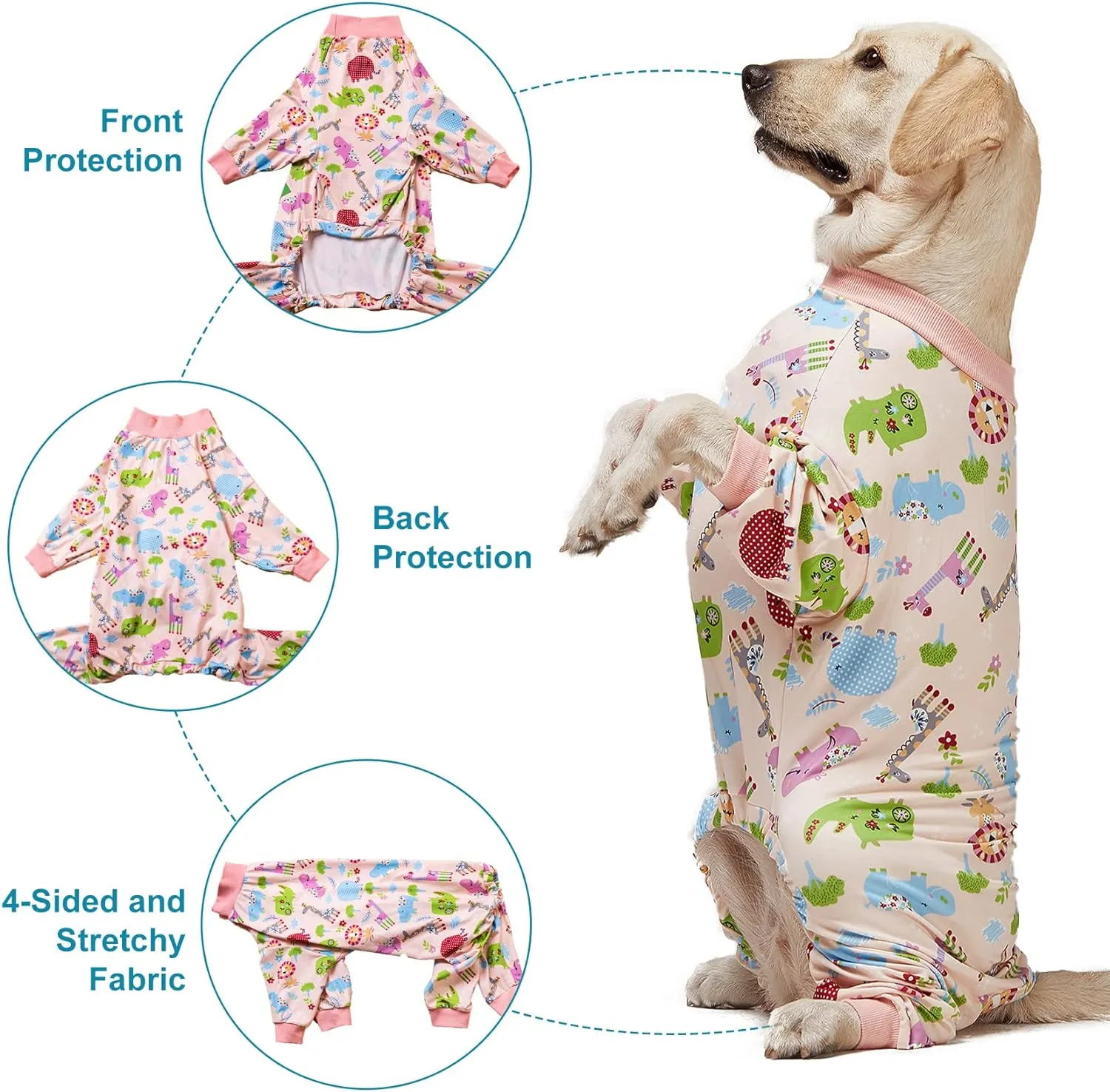 LovinPet Large Dog Clothes: Pajamas for Large Dogs, Slim Fit/Lightweight Pullover Dog PJ's, Full Coverage/Animals Allover Pink Print/Pet Pajamas /3XL