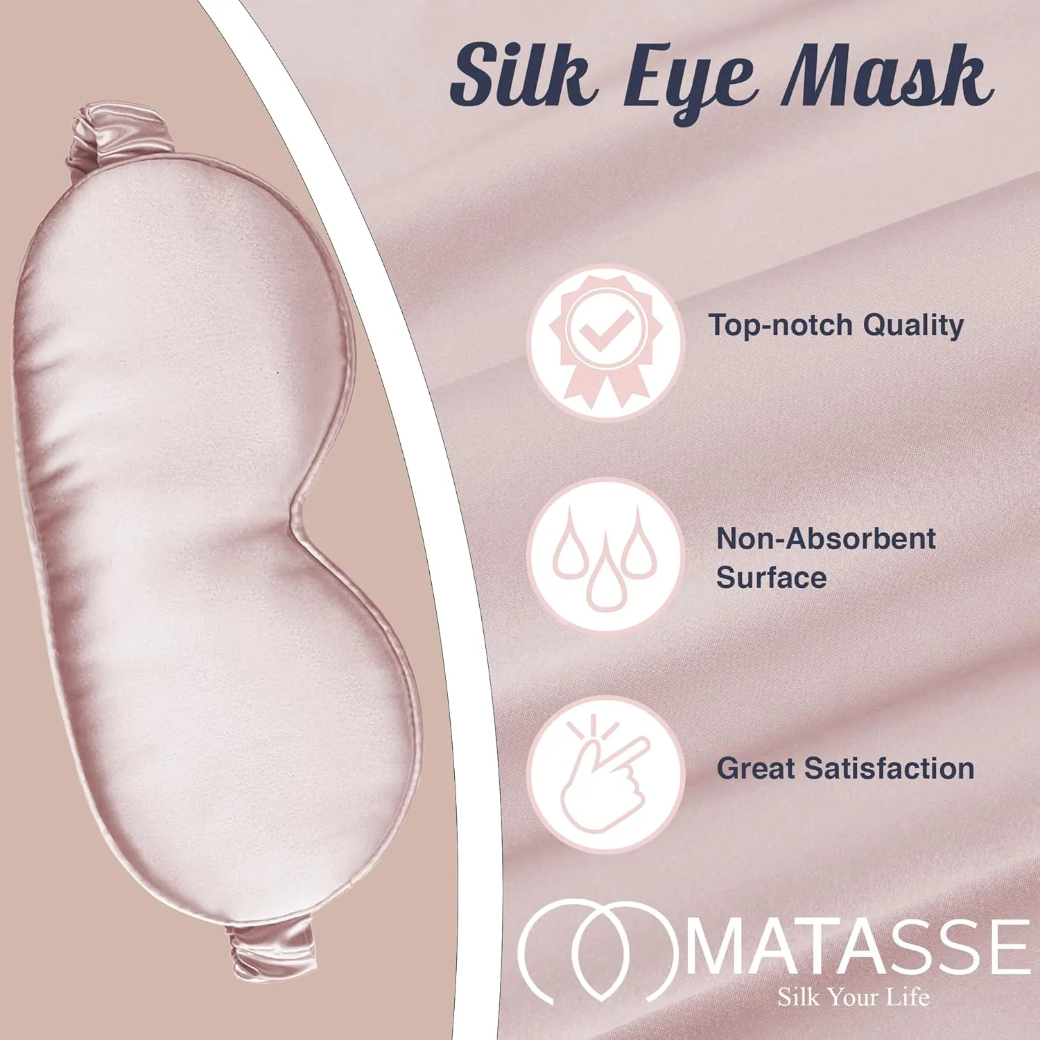MATASSE Silk Eye Mask for Sleeping with Adjustable Elastic Band - 3D Contoured, Eye Cover Sleep Mask w/Genuine Mulberry Silk Including The Strap for Women, Men (Black-Pink)