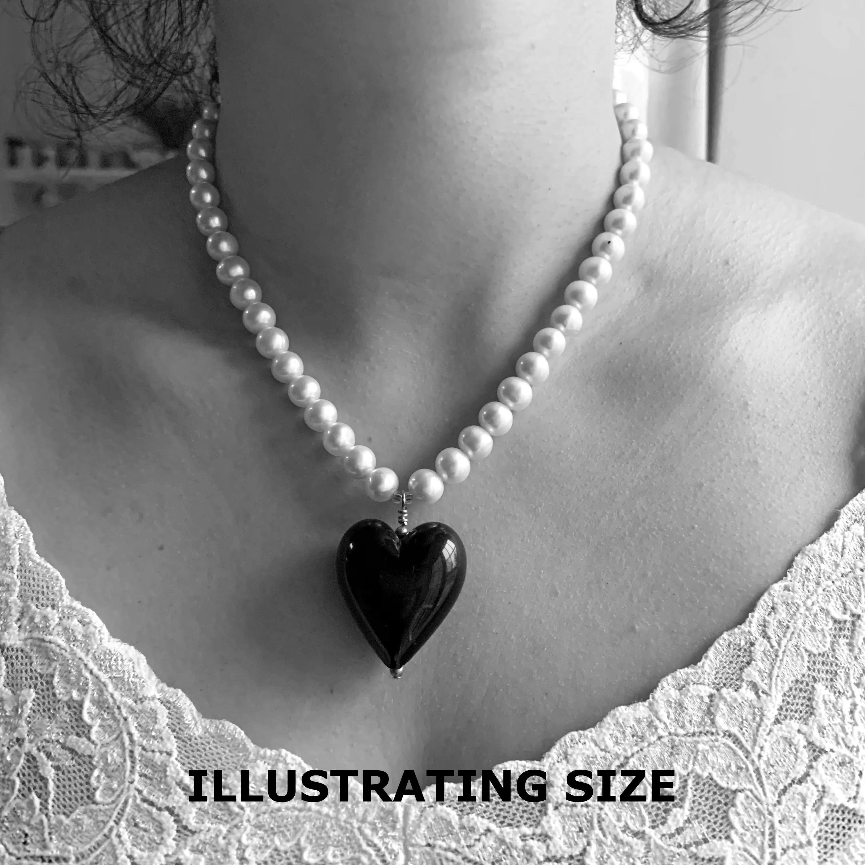 Necklace with grey Murano glass large heart pendant on white pearls