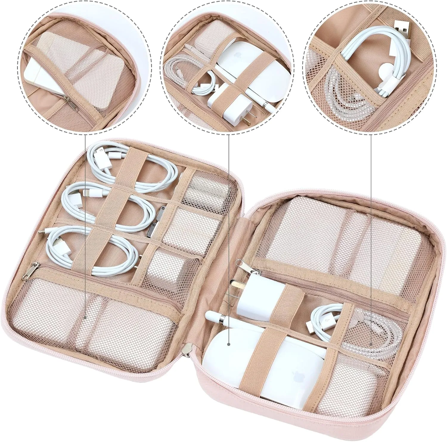 NISHEL Travel Cord Organizer Case, Tech Electronic Bag, Essentials for Charger, Cable, Phone, Hard Drive, USB, SD Card, Pink