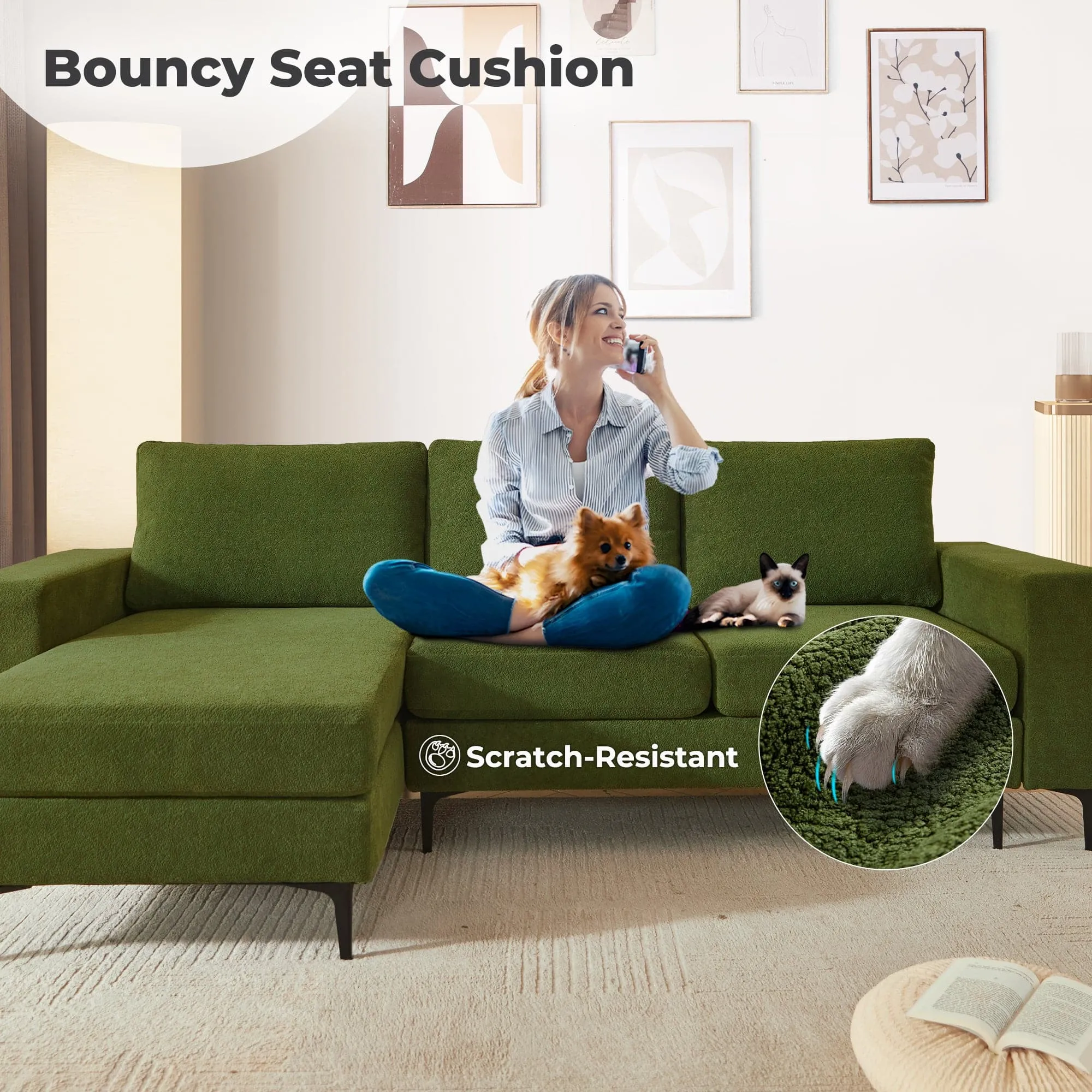 OVIOS 97" Elegant Cloud Velvet L-Shaped Sofa with Chaise