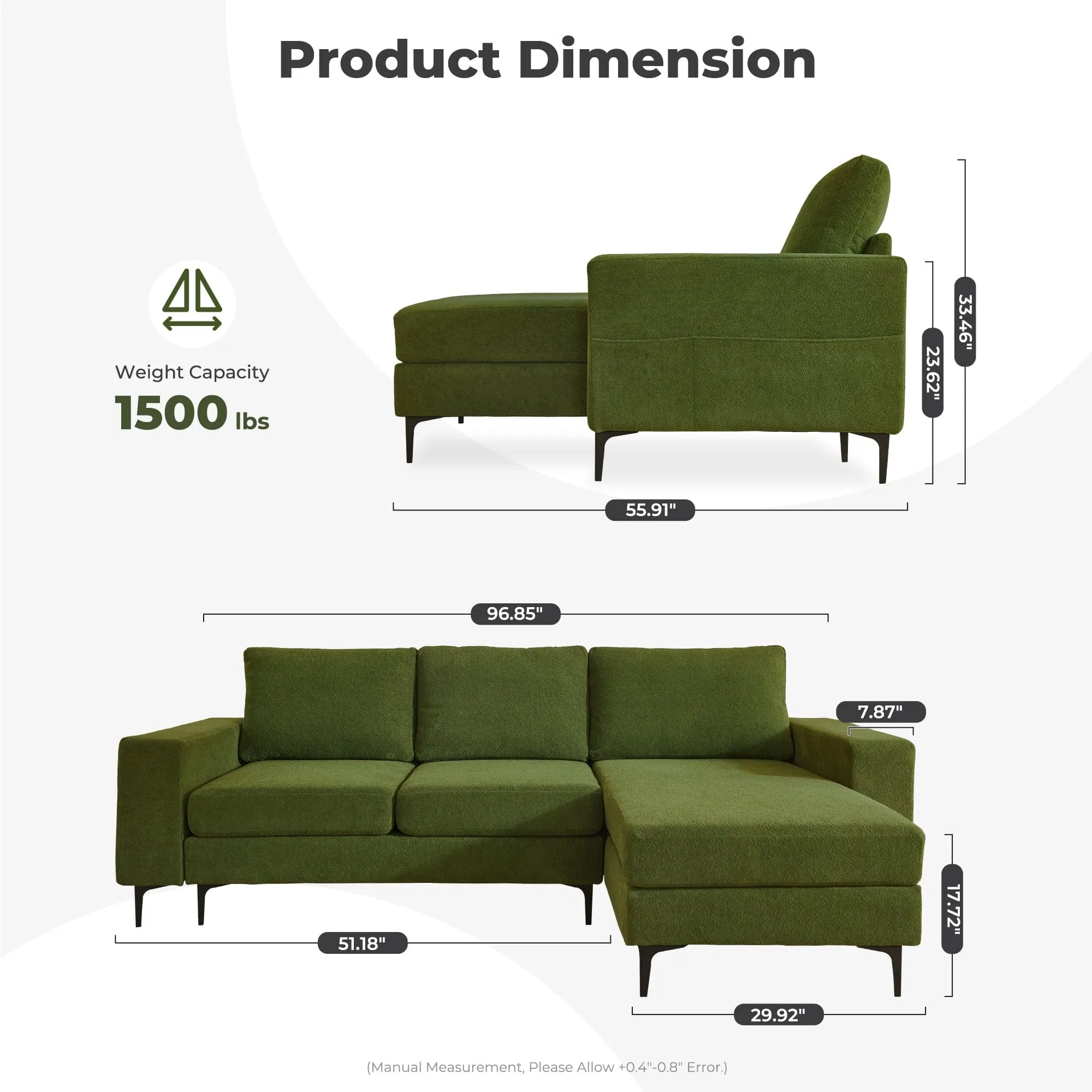 OVIOS 97" Elegant Cloud Velvet L-Shaped Sofa with Chaise