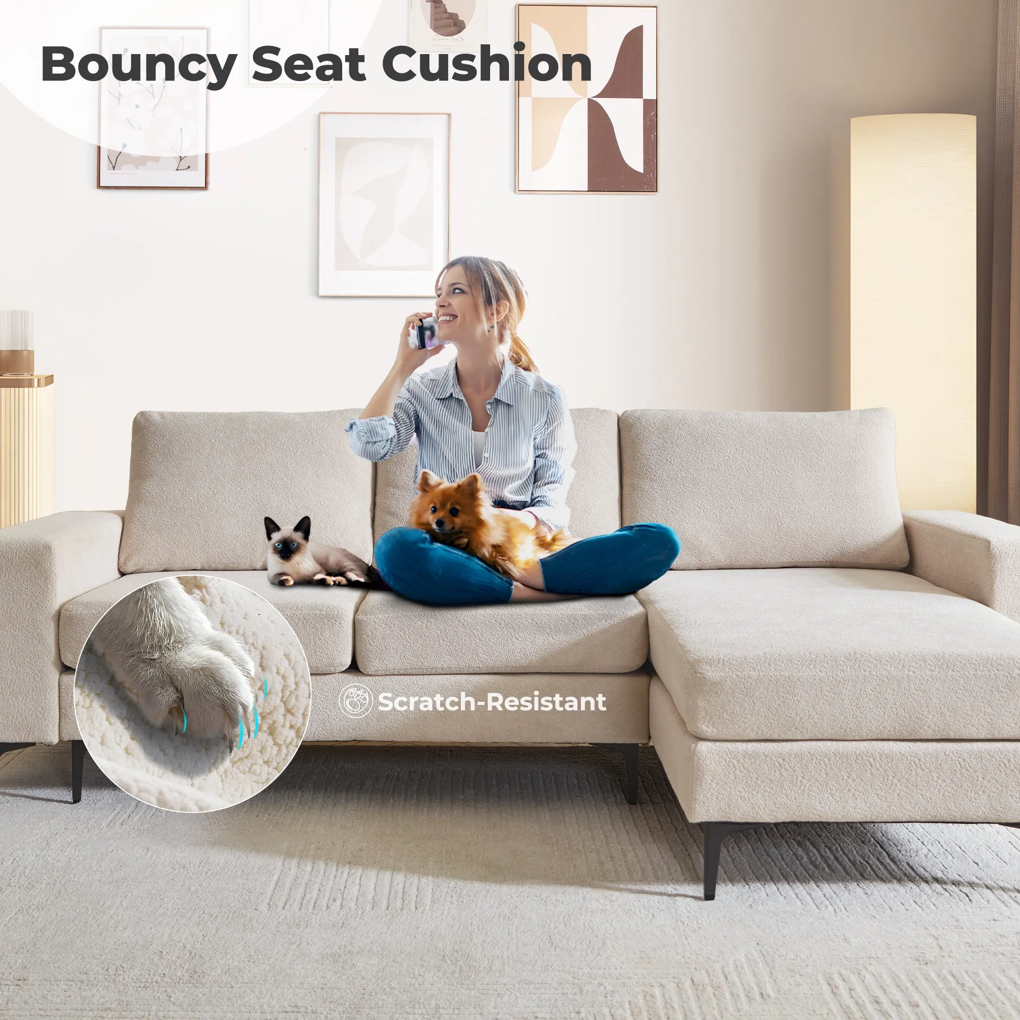 OVIOS 97" Elegant Cloud Velvet L-Shaped Sofa with Chaise