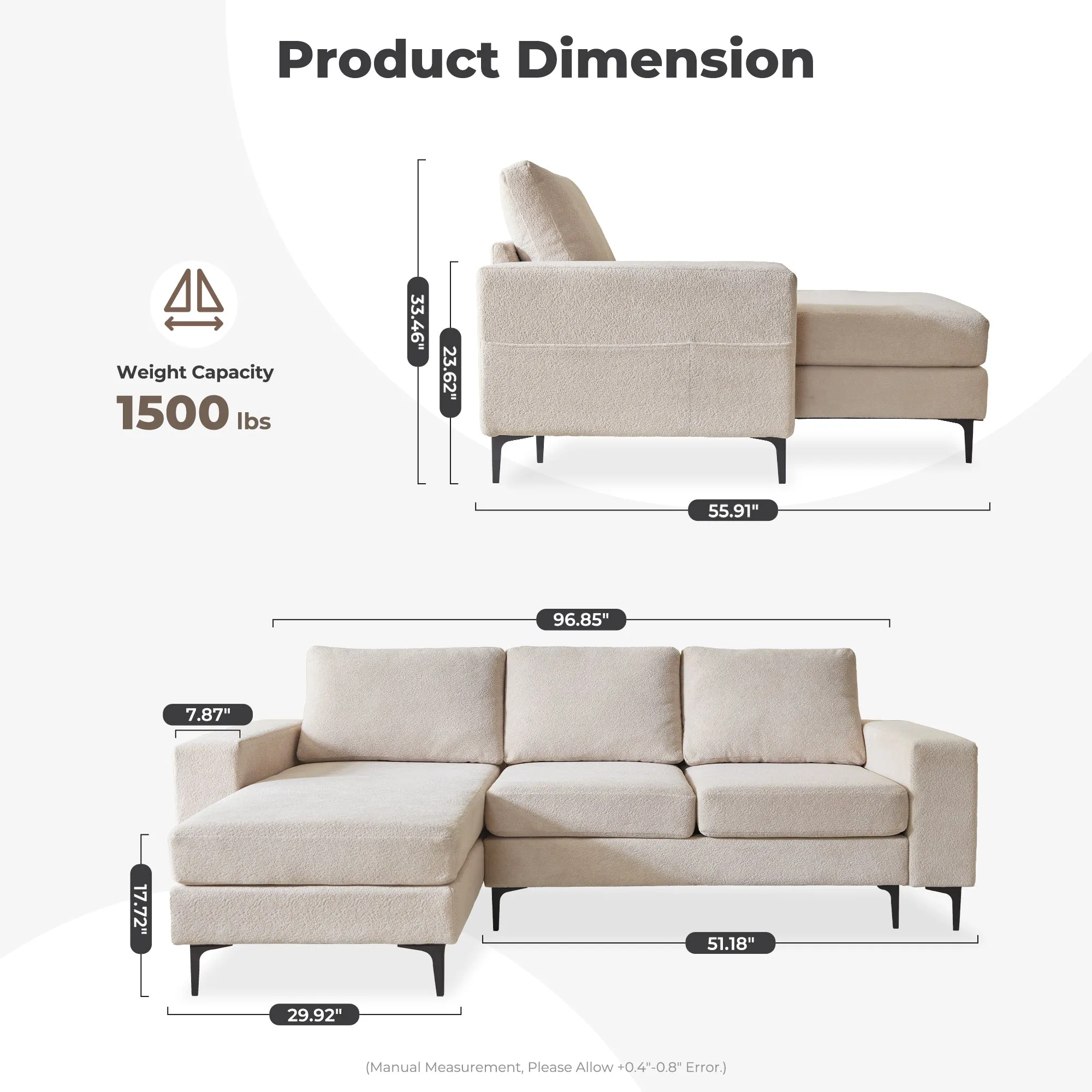 OVIOS 97" Elegant Cloud Velvet L-Shaped Sofa with Chaise
