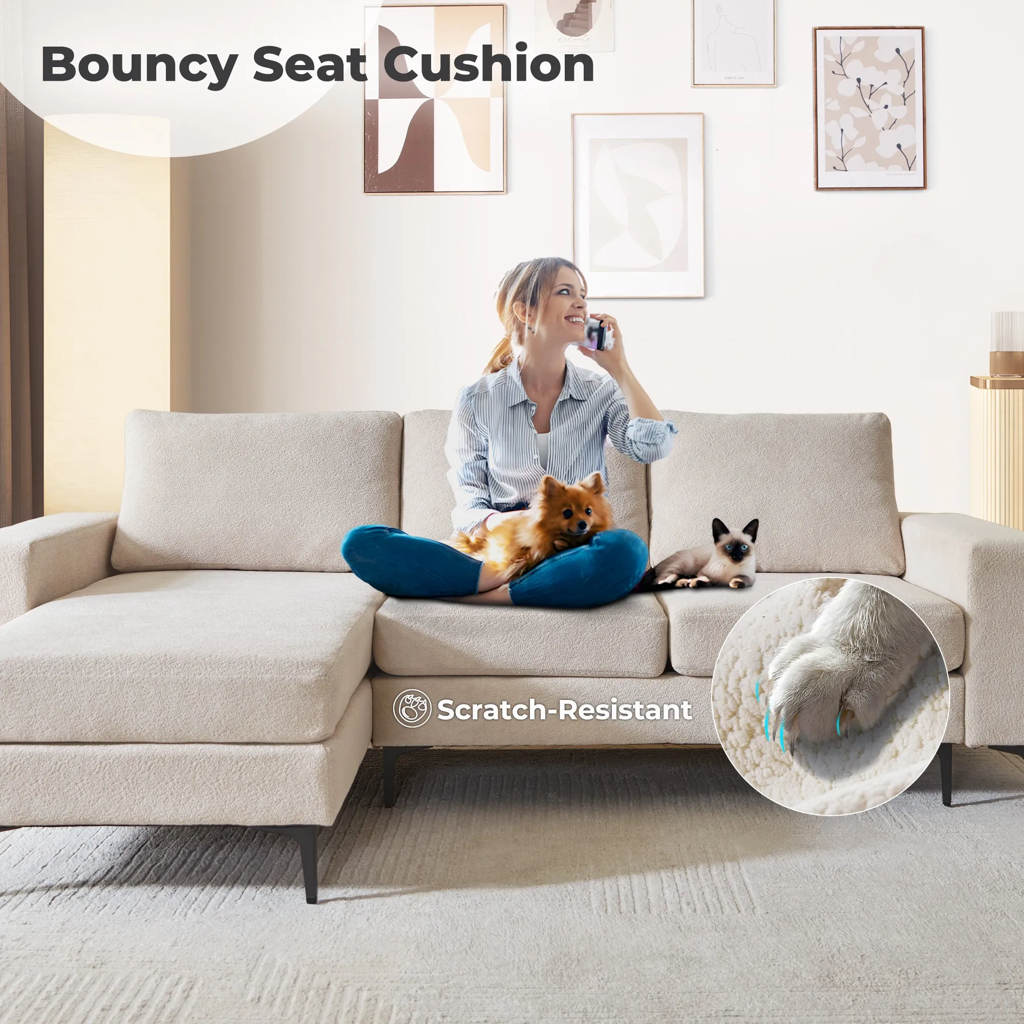 OVIOS 97" Elegant Cloud Velvet L-Shaped Sofa with Chaise