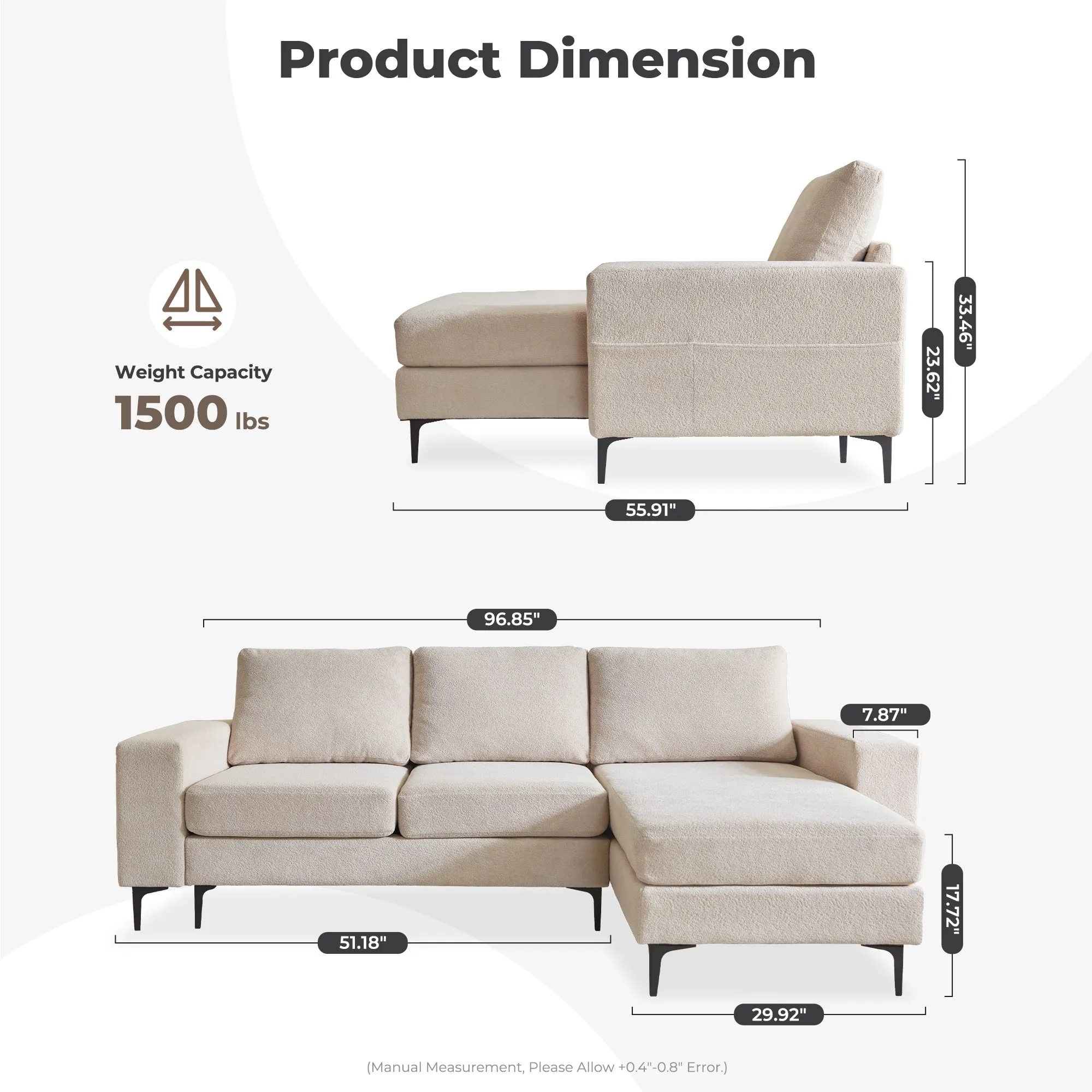 OVIOS 97" Elegant Cloud Velvet L-Shaped Sofa with Chaise