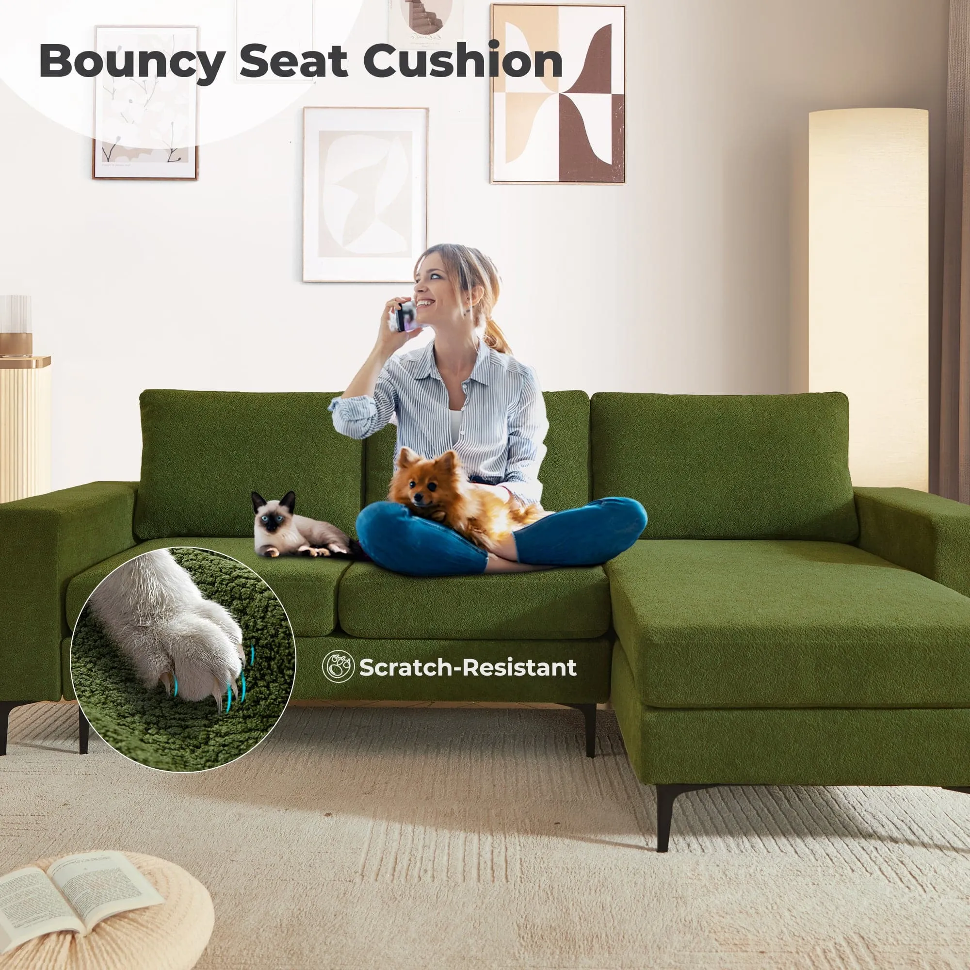 OVIOS 97" Elegant Cloud Velvet L-Shaped Sofa with Chaise