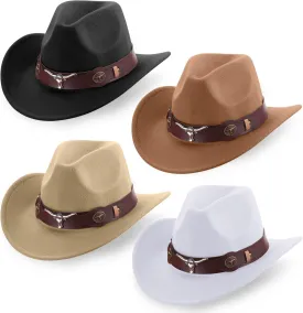 Panitay 4 Pcs Classic Western Cowboy Hat for Men Felt Wide Brim Hats Women Belt Buckle Panama for Adults Kids Party, 4 Colors