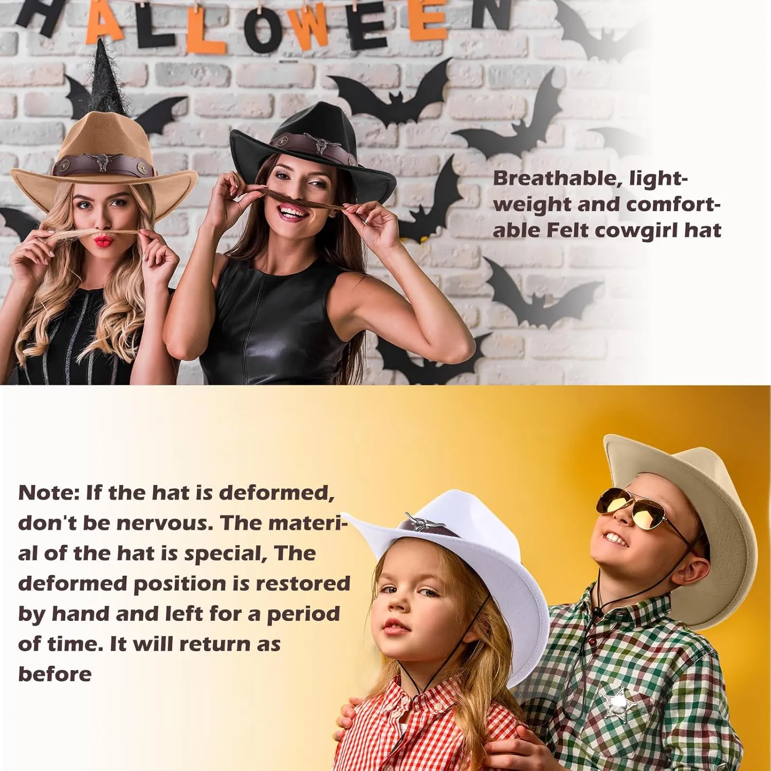 Panitay 4 Pcs Classic Western Cowboy Hat for Men Felt Wide Brim Hats Women Belt Buckle Panama for Adults Kids Party, 4 Colors
