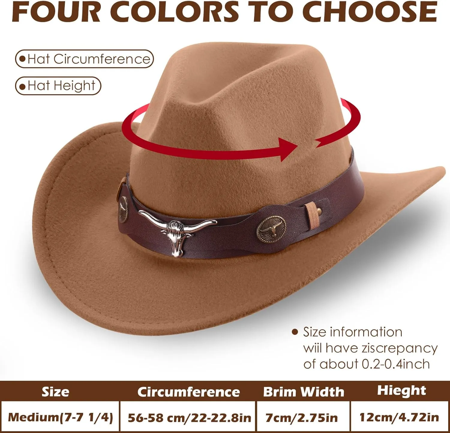 Panitay 4 Pcs Classic Western Cowboy Hat for Men Felt Wide Brim Hats Women Belt Buckle Panama for Adults Kids Party, 4 Colors