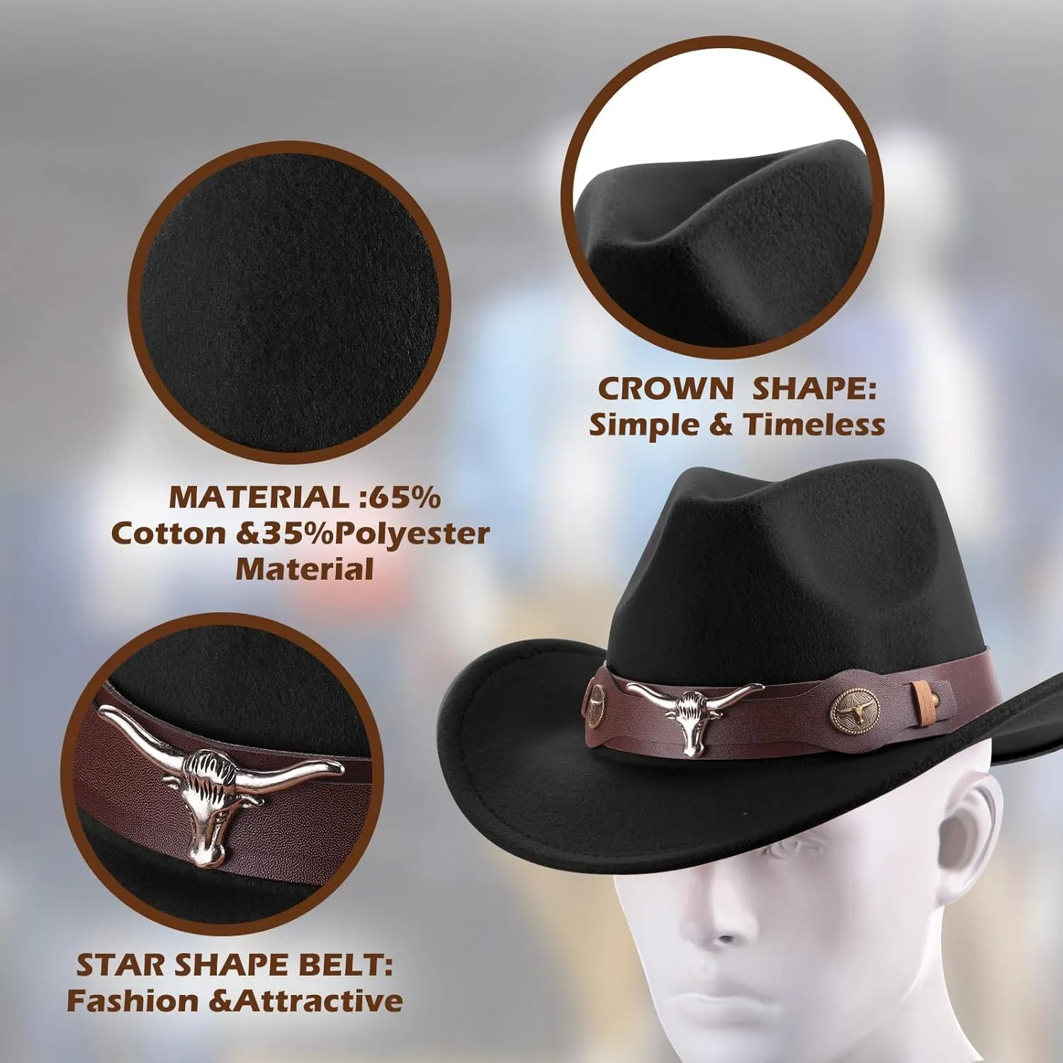 Panitay 4 Pcs Classic Western Cowboy Hat for Men Felt Wide Brim Hats Women Belt Buckle Panama for Adults Kids Party, 4 Colors