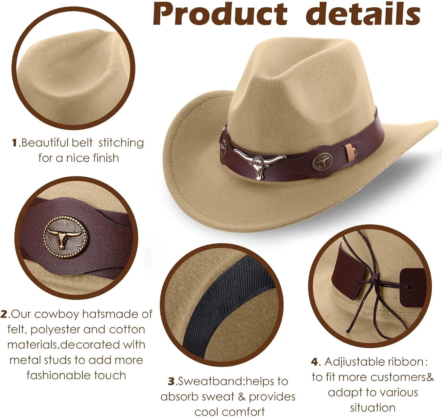 Panitay 4 Pcs Classic Western Cowboy Hat for Men Felt Wide Brim Hats Women Belt Buckle Panama for Adults Kids Party, 4 Colors