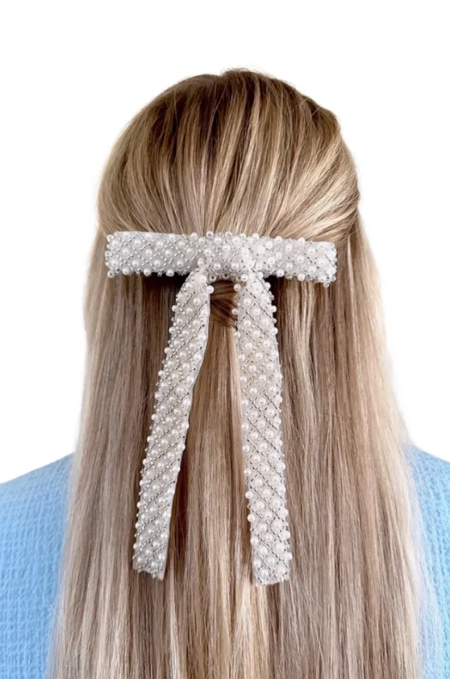 Pearl Embellished Hair Bow Barrette