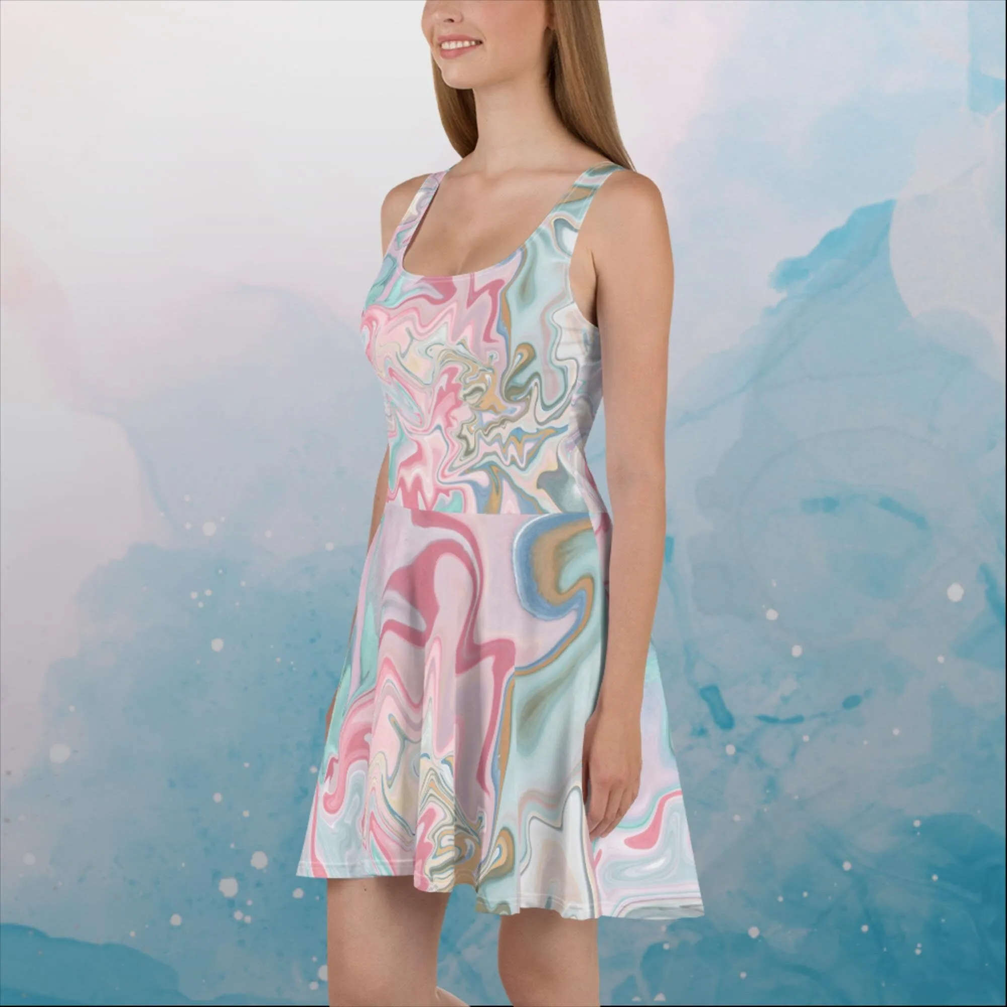 Pink and Mint Green Marbled Womens Skater Dress