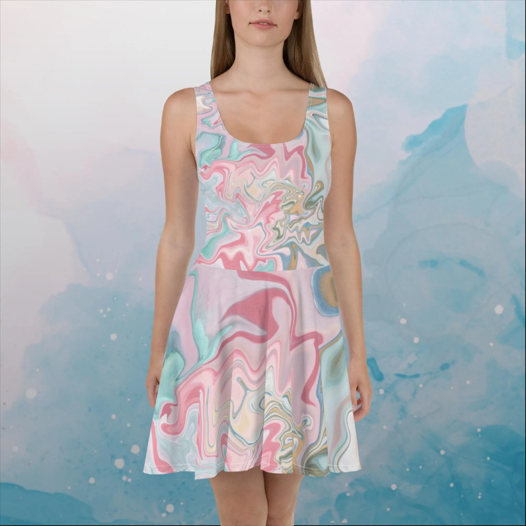 Pink and Mint Green Marbled Womens Skater Dress