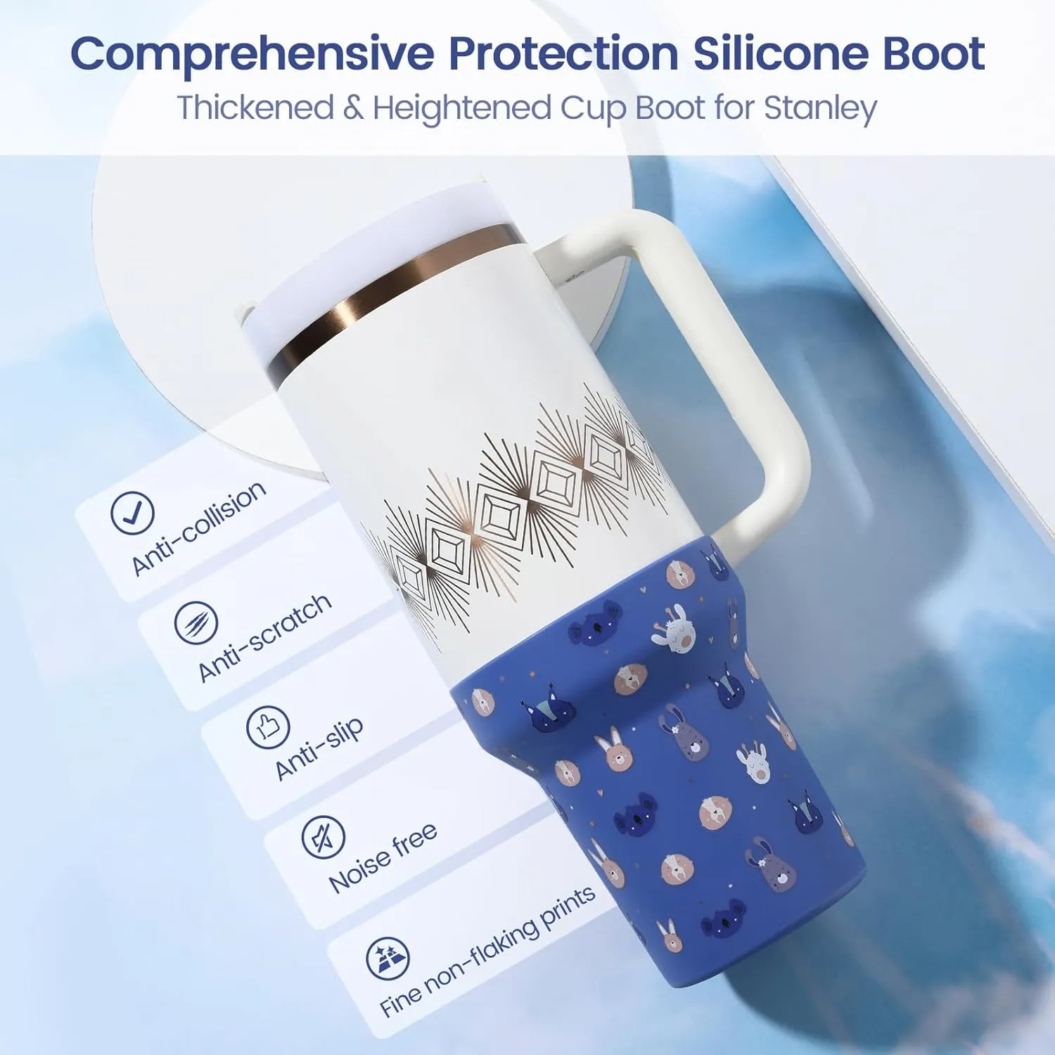 Print Boot for Stanley, Rubber Cup Bottom Protector Sleeve Accessories for Stanley Quencher H2.0 FlowState Tumbler 40oz / Adventure Quencher Tumbler 40oz (Blue)