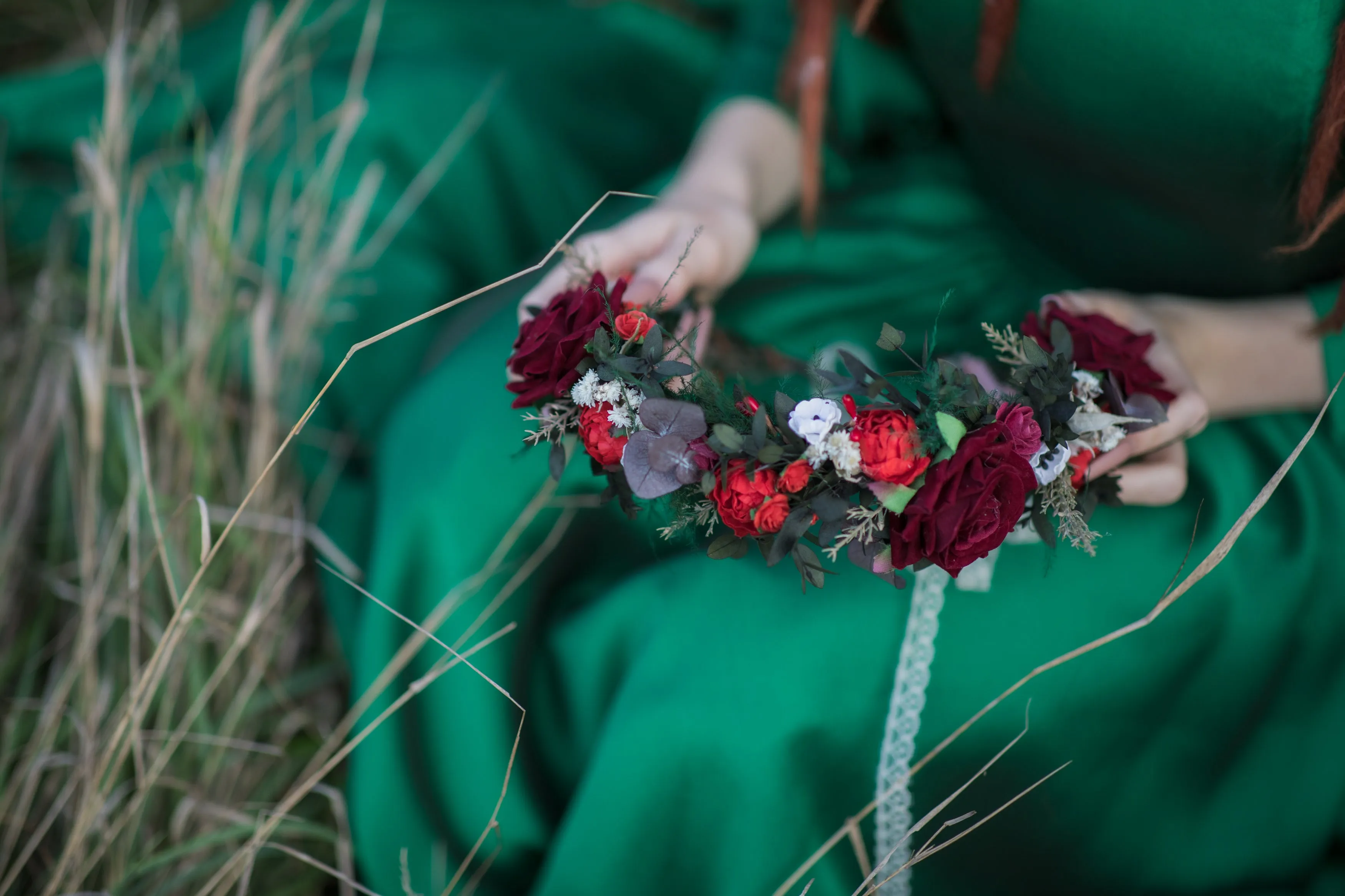 Red boho wedding hair crown
