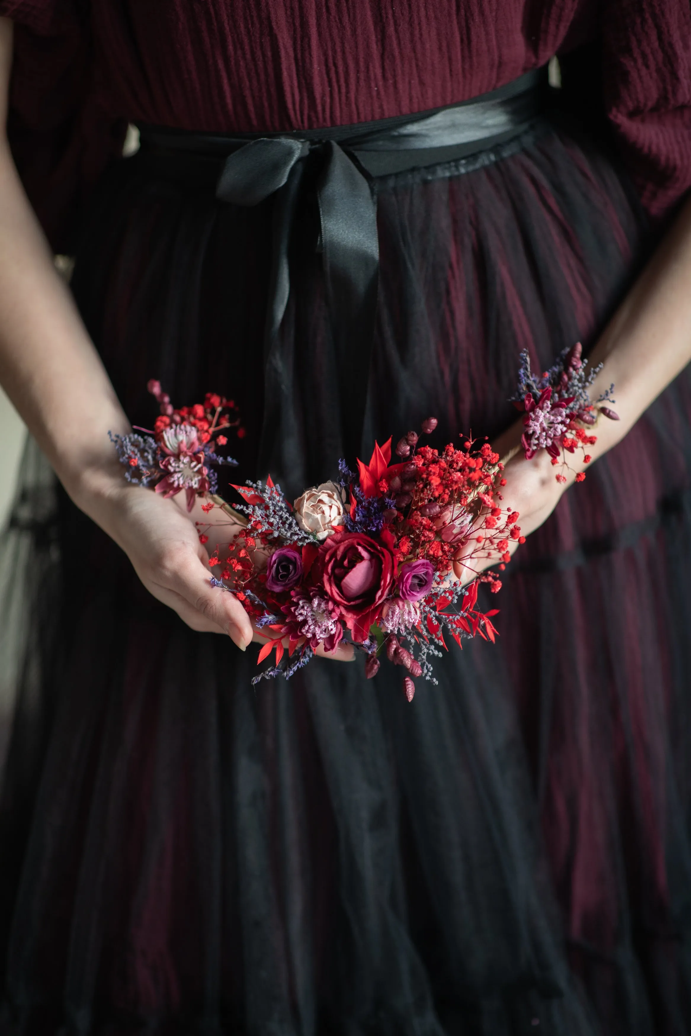 Red flower bridal hair vine