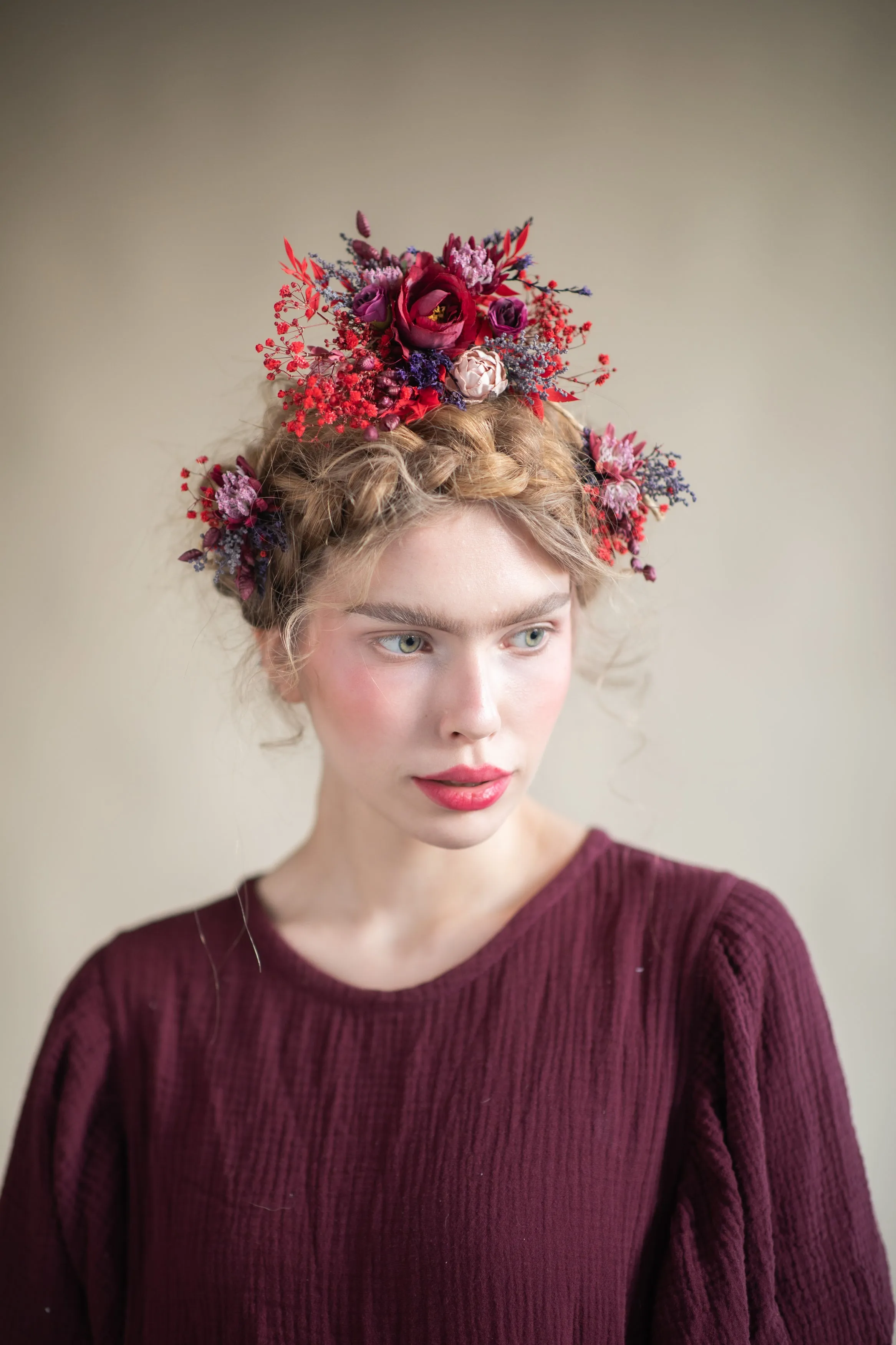 Red flower bridal hair vine