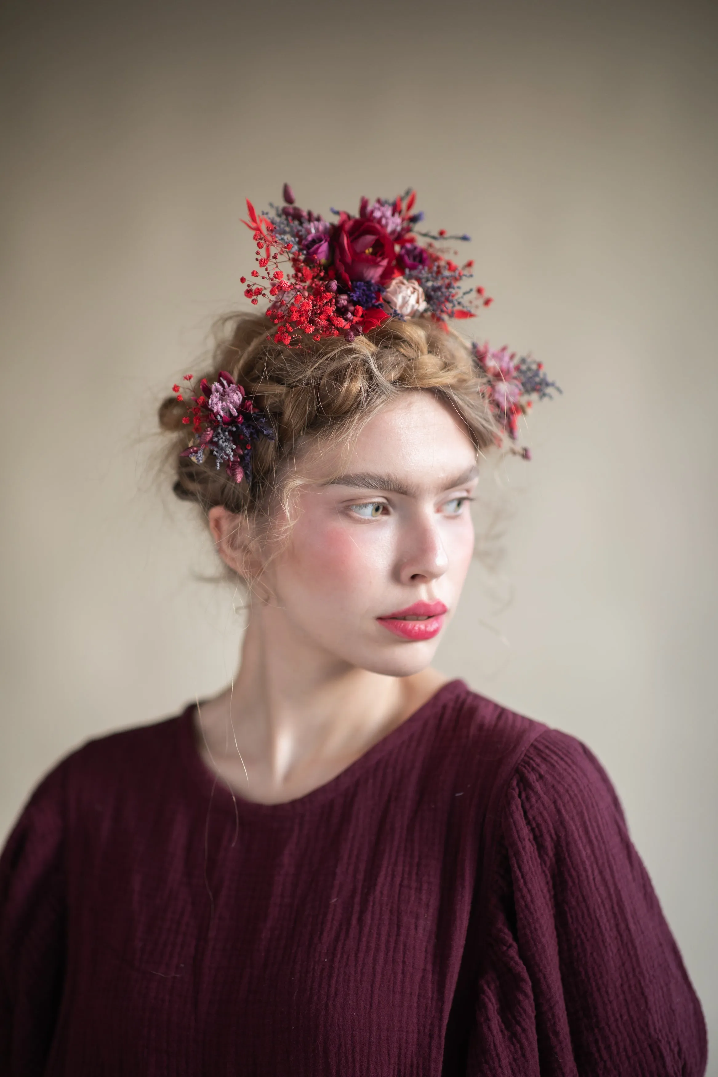 Red flower bridal hair vine