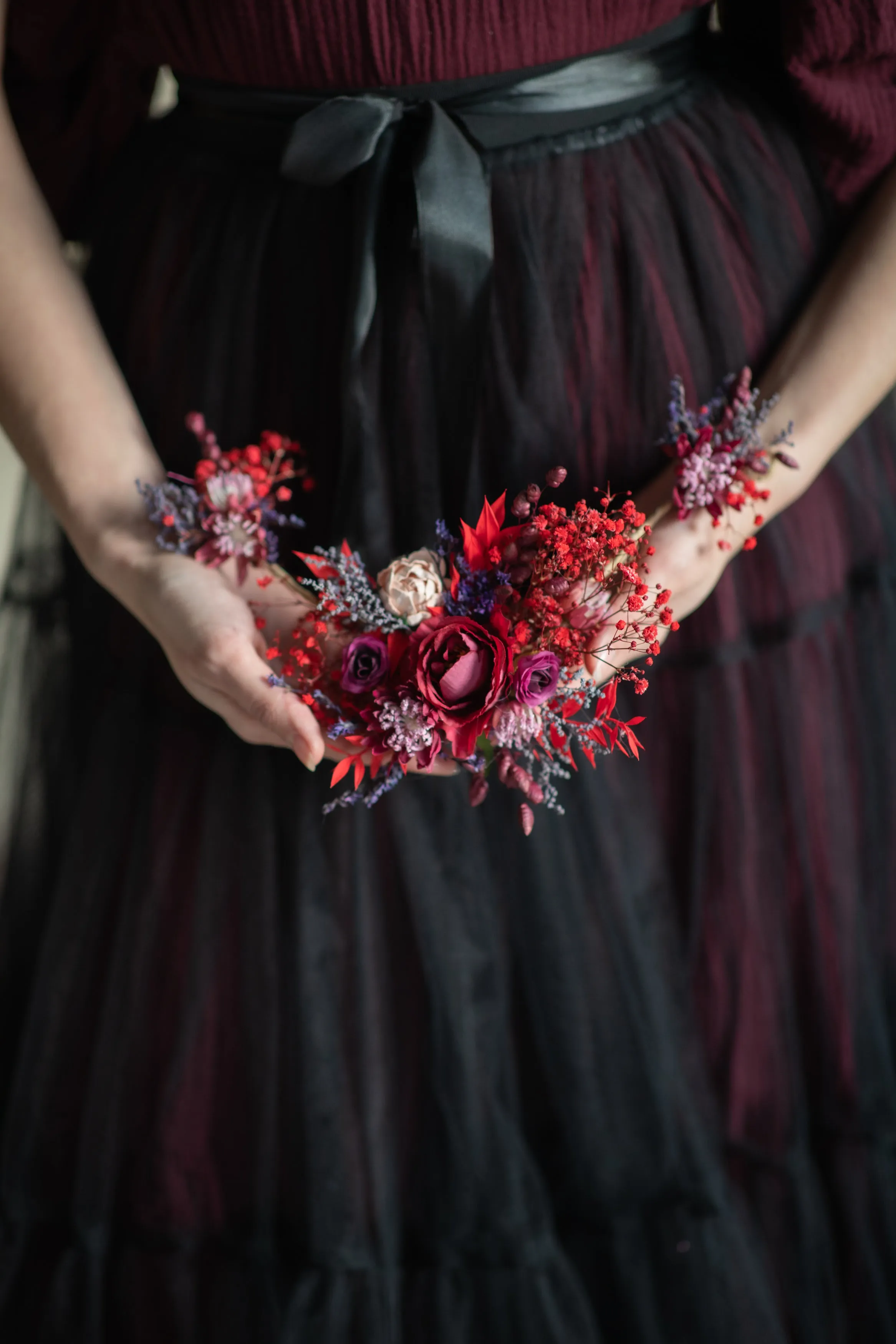 Red flower bridal hair vine
