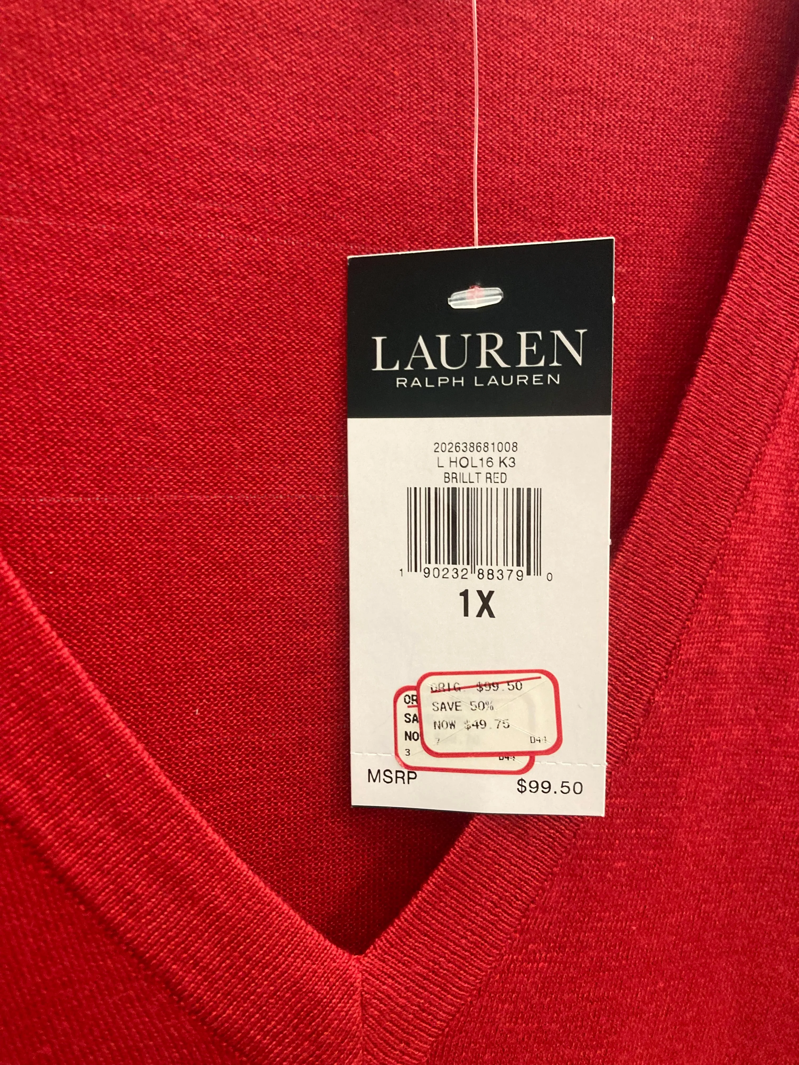 Red Top Long Sleeve Lauren By Ralph Lauren, Size 1x