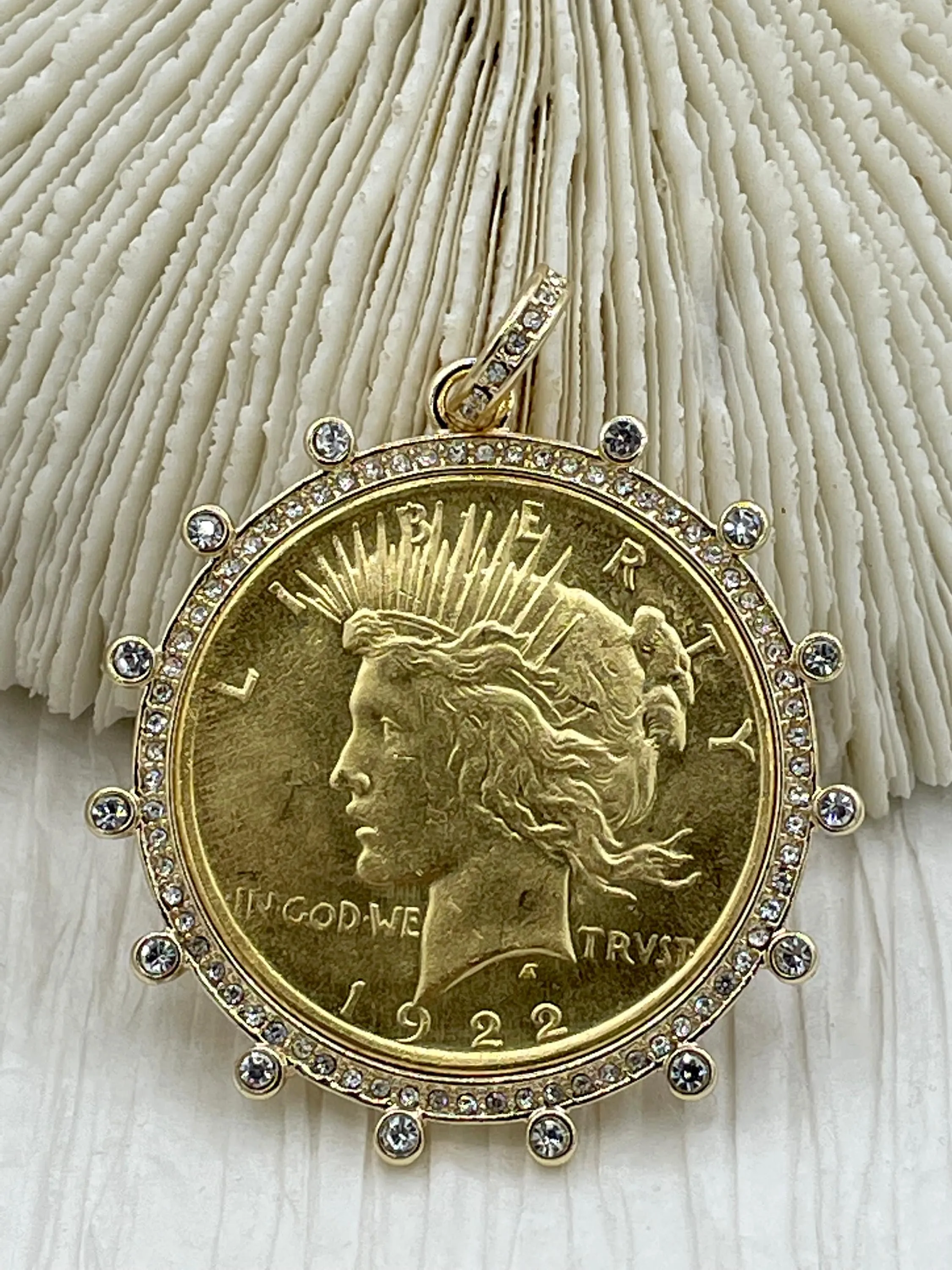 Reproduction Coin Pendant, Liberty Peace Dollar Coin Pendant, Coin Bezel, Vintage Coin Pendant, Coin Bezel CZ . Fast Ship