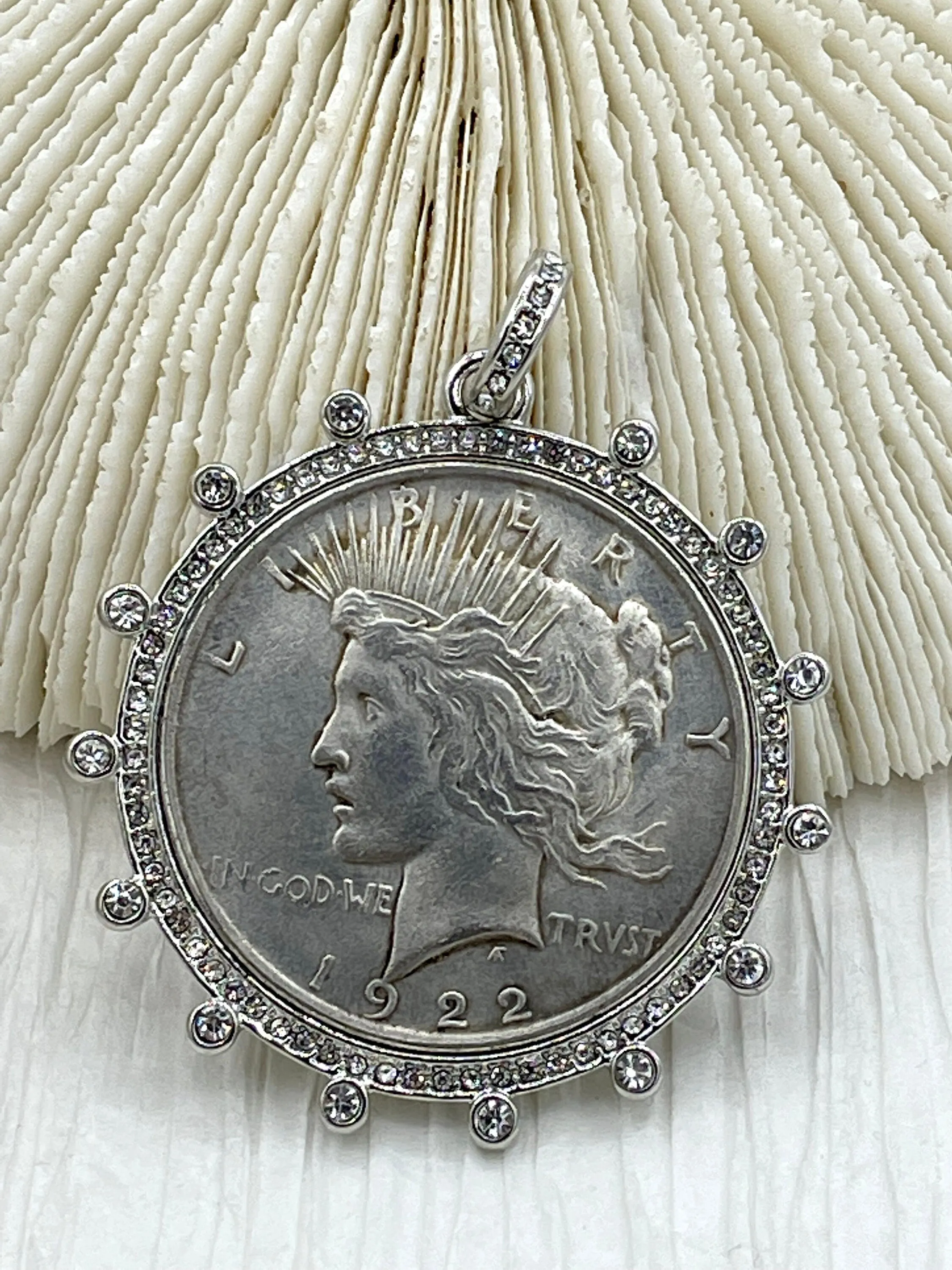 Reproduction Coin Pendant, Liberty Peace Dollar Coin Pendant, Coin Bezel, Vintage Coin Pendant, Coin Bezel CZ . Fast Ship