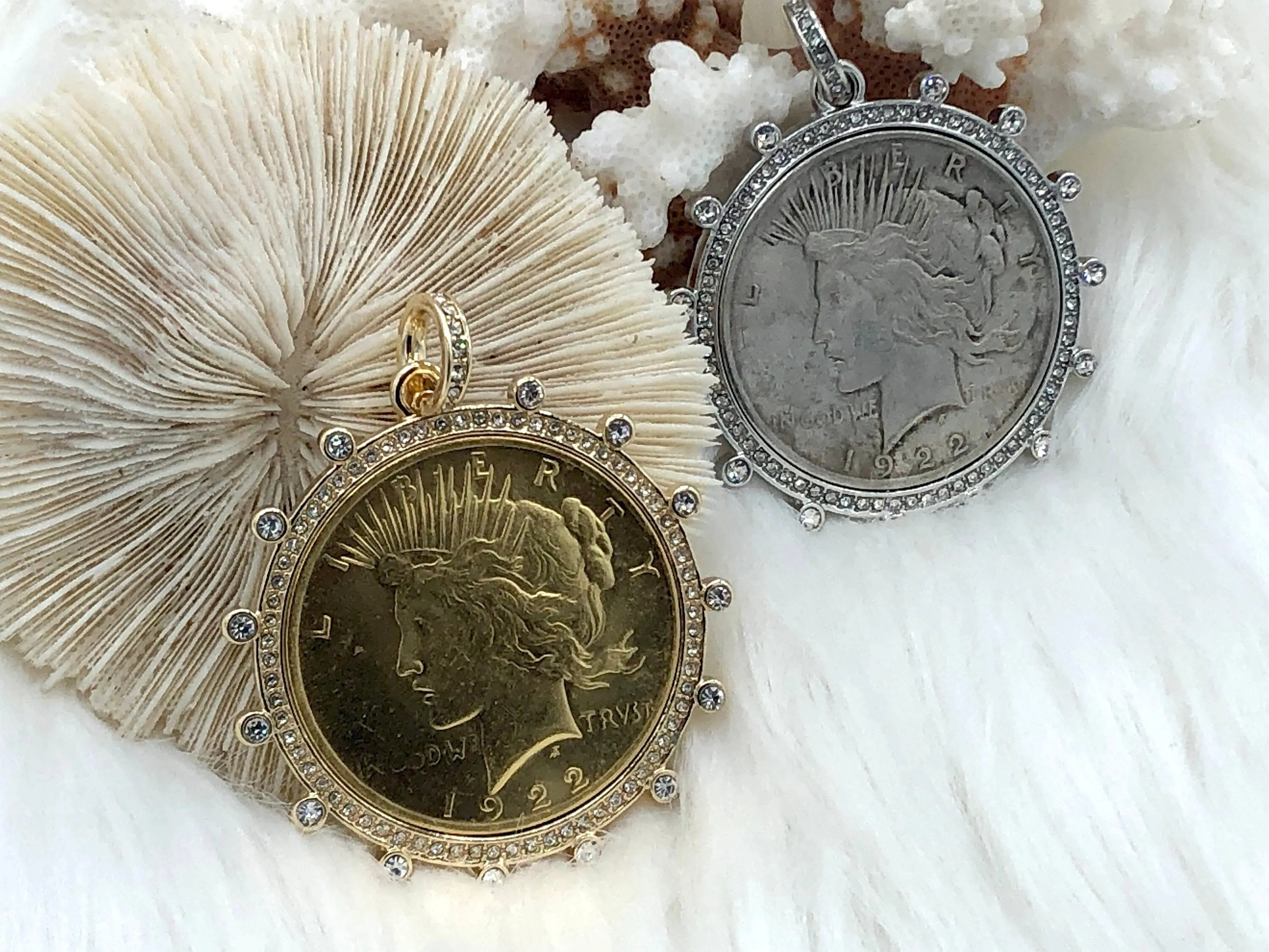 Reproduction Coin Pendant, Liberty Peace Dollar Coin Pendant, Coin Bezel, Vintage Coin Pendant, Coin Bezel CZ . Fast Ship