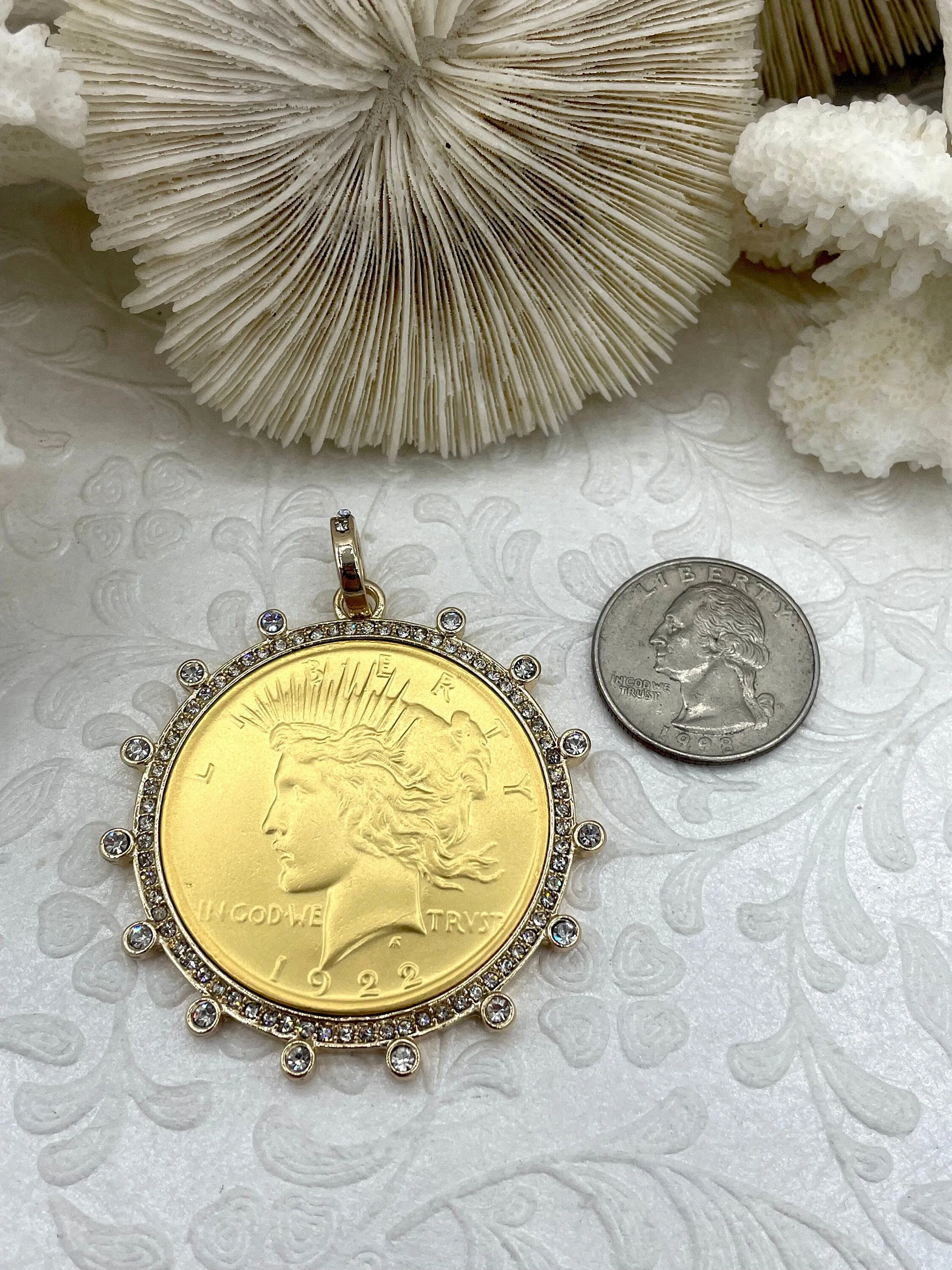 Reproduction Coin Pendant, Liberty Peace Dollar Coin Pendant, Coin Bezel, Vintage Coin Pendant, Coin Bezel CZ . Fast Ship