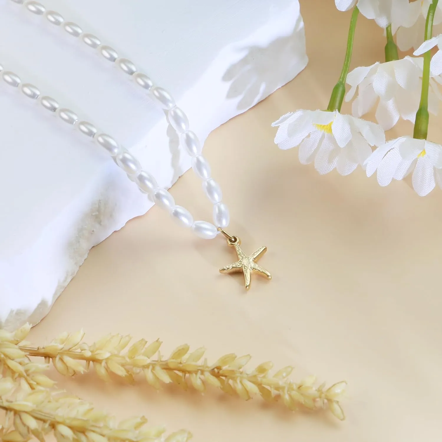Sereney Pearl Necklaces for Women, 8mm Dainty Pearl Necklace as Bridal Necklace for Wedding, Sterling Silver Freshwater Pearl Choker Necklace as Birthday Jewelry Starfish Necklace Bridal Gifts for Her