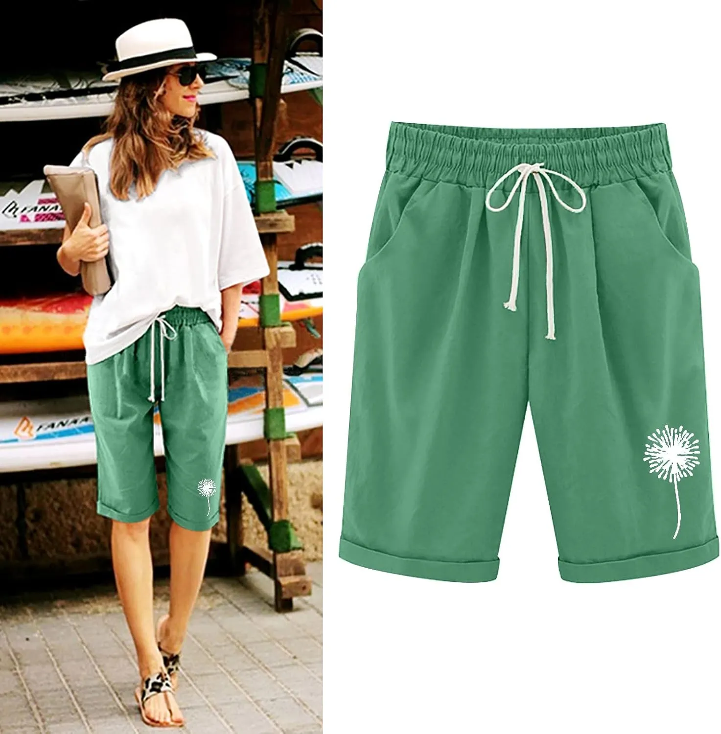 SHAOBGE Shorts for Women Trendy Summer 2024 Beach Drawstring Knee Length Shorts Loose Fit Resort Wear Fashion Clothes