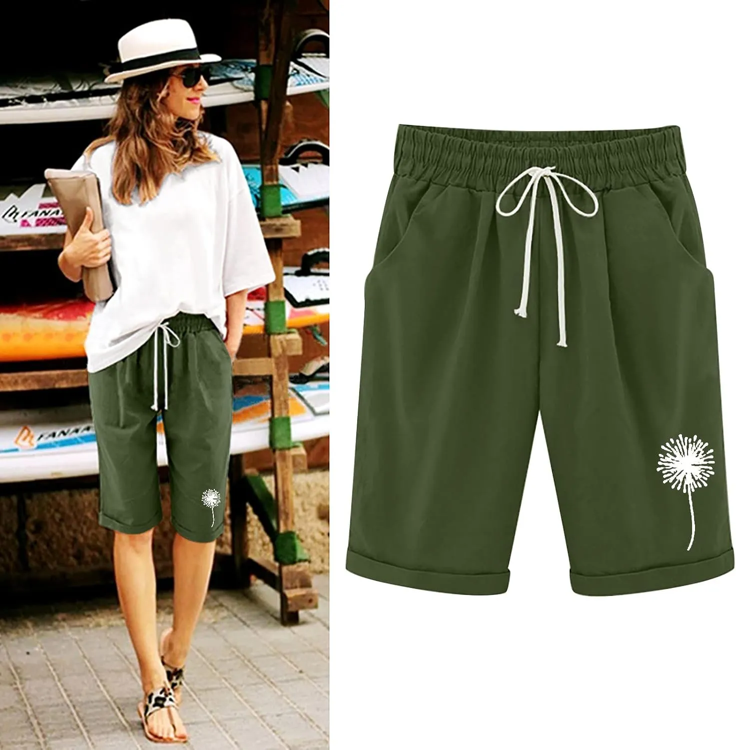 SHAOBGE Shorts for Women Trendy Summer 2024 Beach Drawstring Knee Length Shorts Loose Fit Resort Wear Fashion Clothes