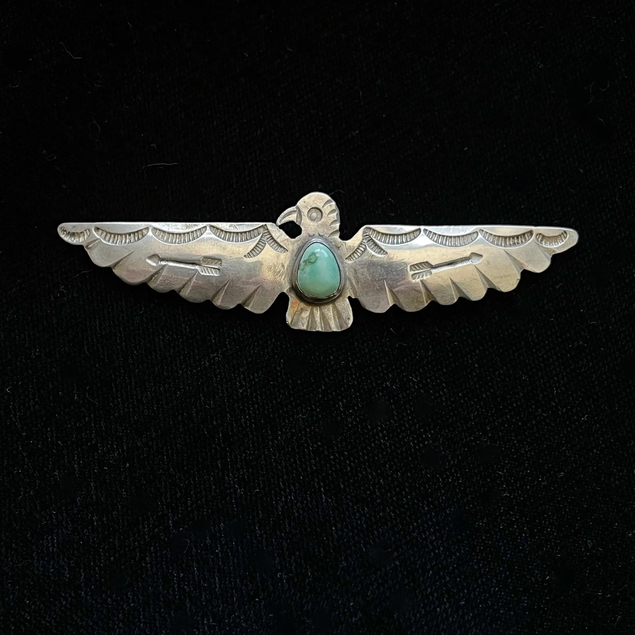 SOLD Vintage Silver Turquoise Thunderbird Brooch, Fred Harvey Era Pin 8.3 G